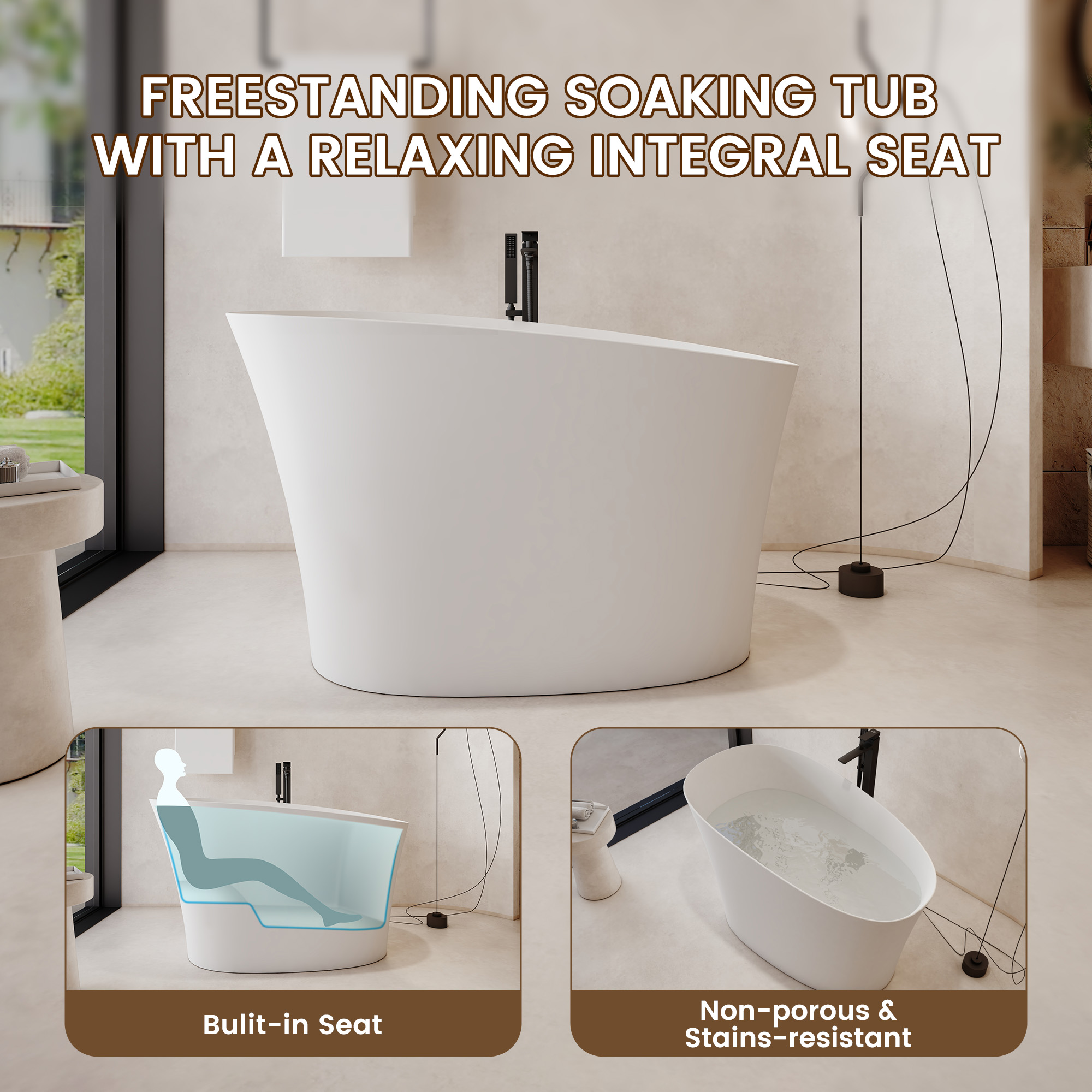 51" Solid Surface Freestanding Bathtub with Raised Edge and Built-in Mini Seat