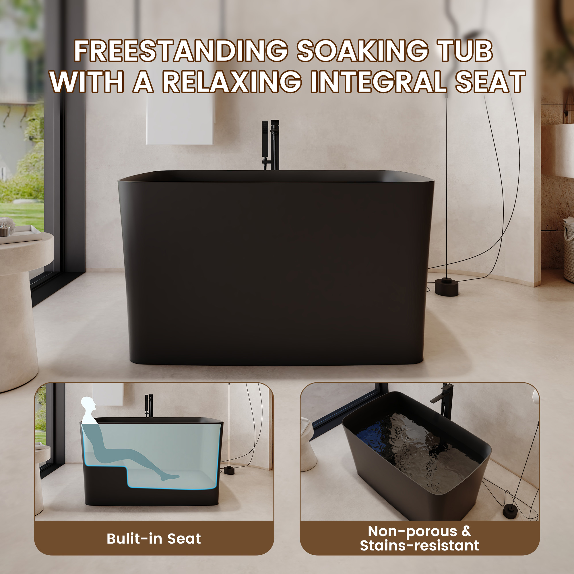 47" Compact Solid Surface Freestanding Bathtub with Mini-Seat Design