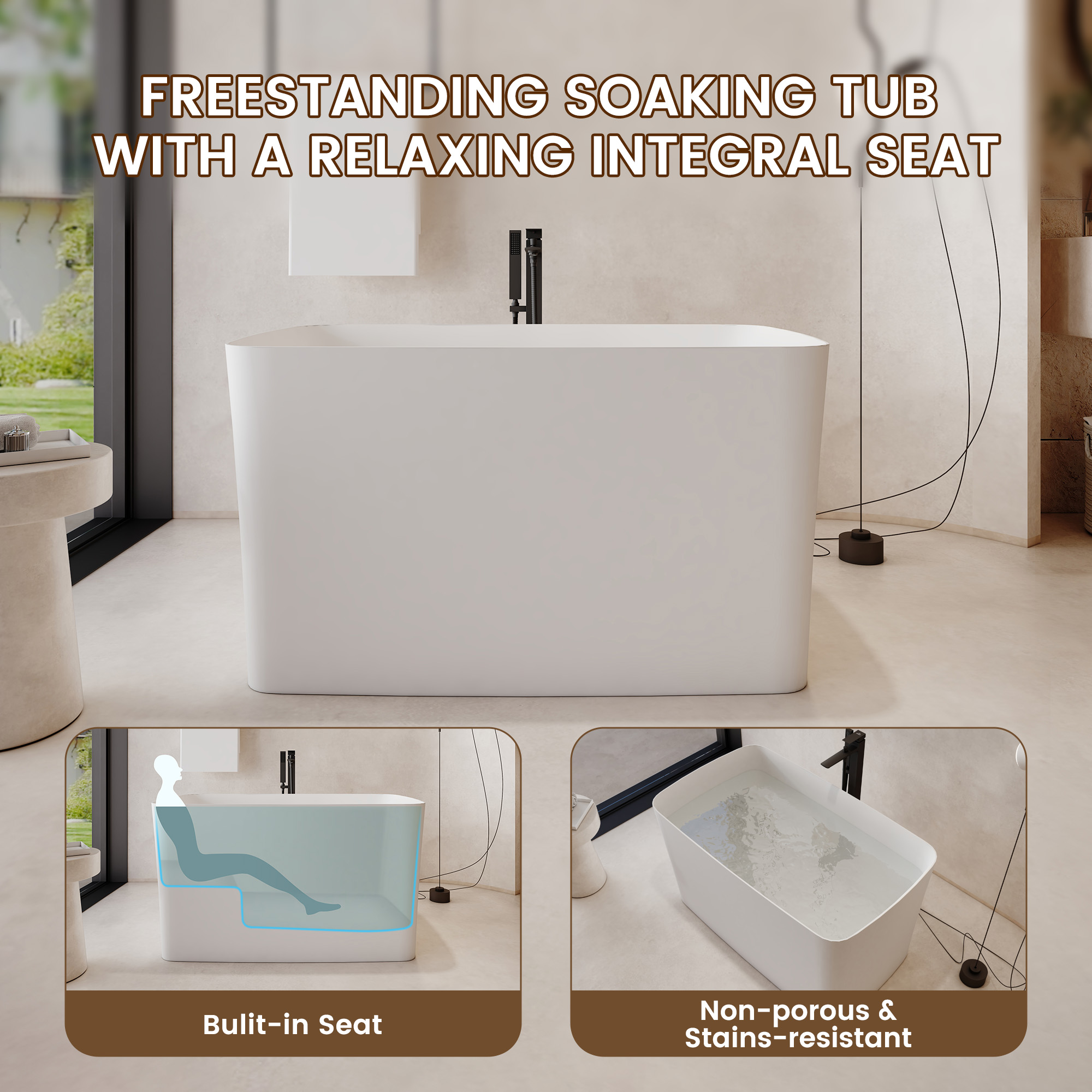 47" Compact Solid Surface Freestanding Bathtub with Mini-Seat Design