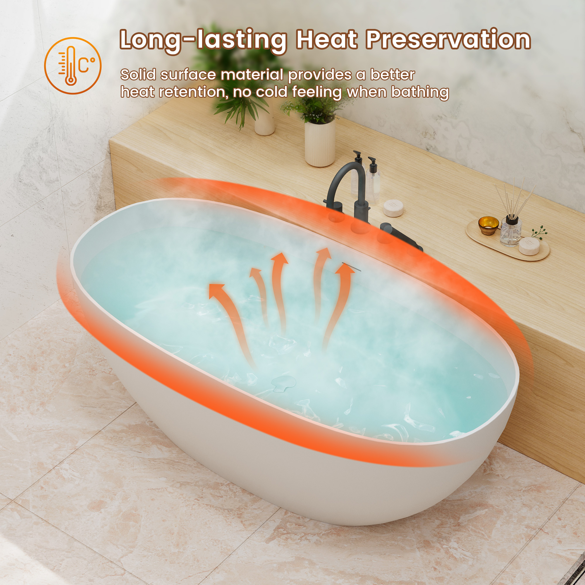 71" Oval Solid Surface Freestanding Soaking Bathtub in Matte White