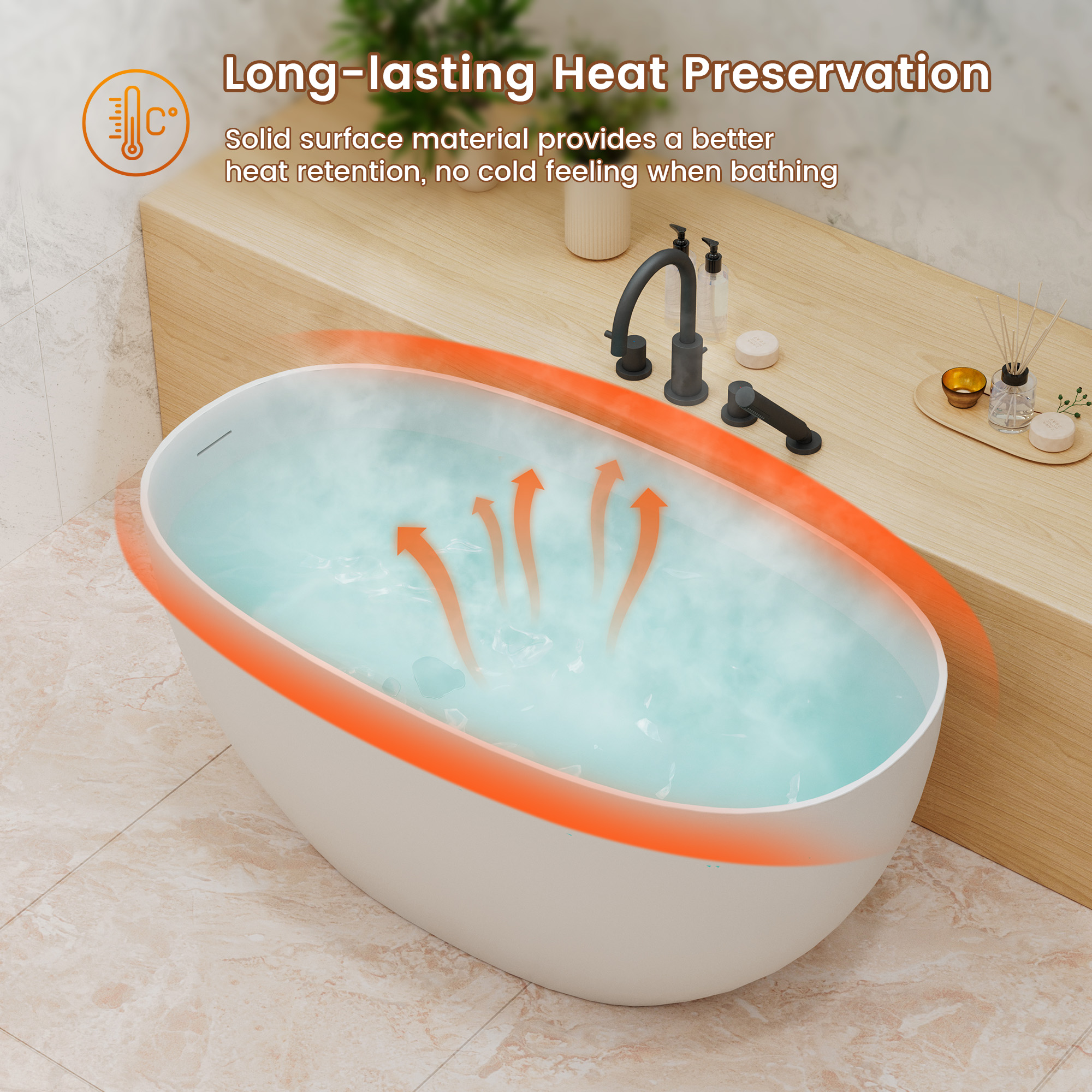 55" Freestanding Solid Surface Soaking Bathtub with Left Drain