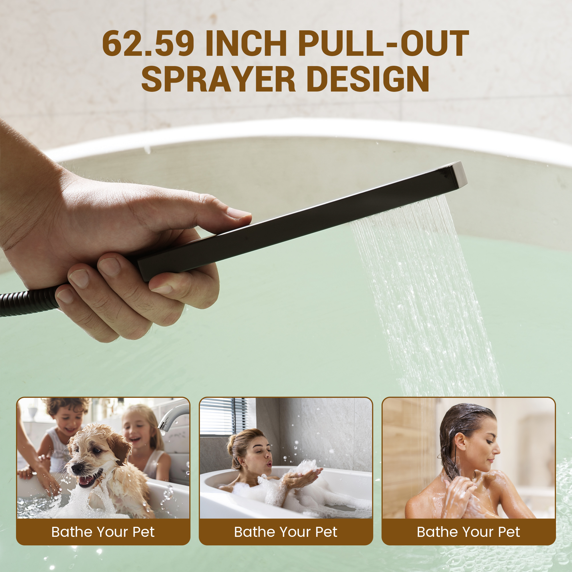 Single-Handle 3 Holes Waterfall Bathtub Filler Faucet with Hand Shower