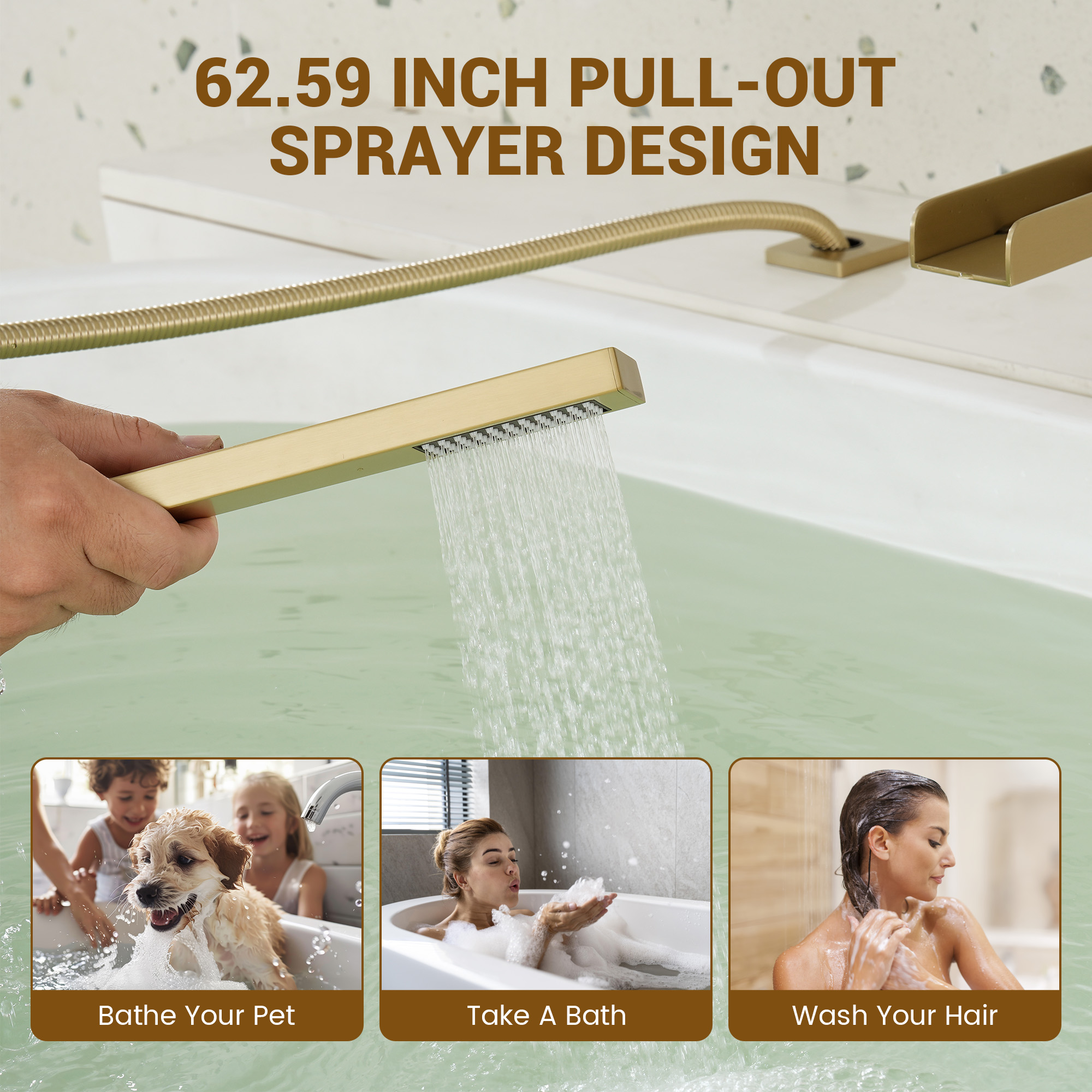 Single-Handle 3 Holes Waterfall Bathtub Filler Faucet with Hand Shower