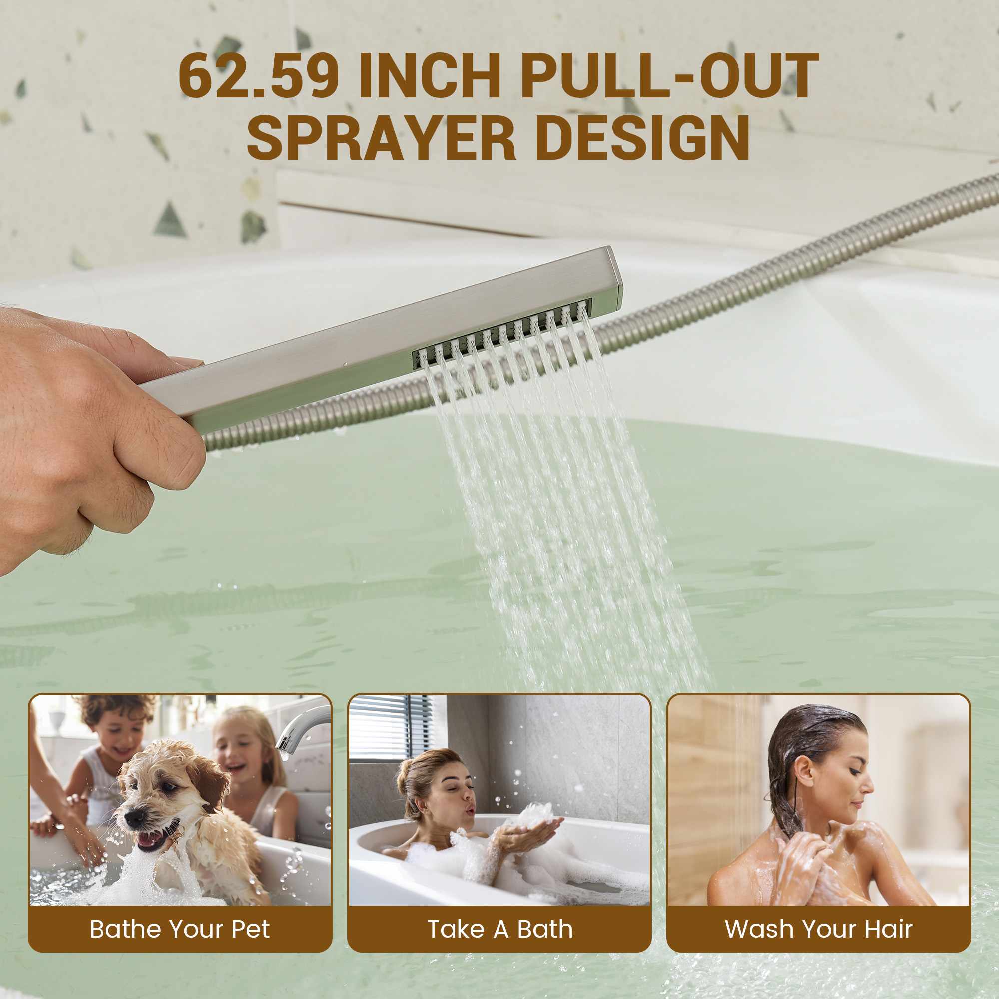 Single-Handle 3 Holes Waterfall Bathtub Filler Faucet with Hand Shower