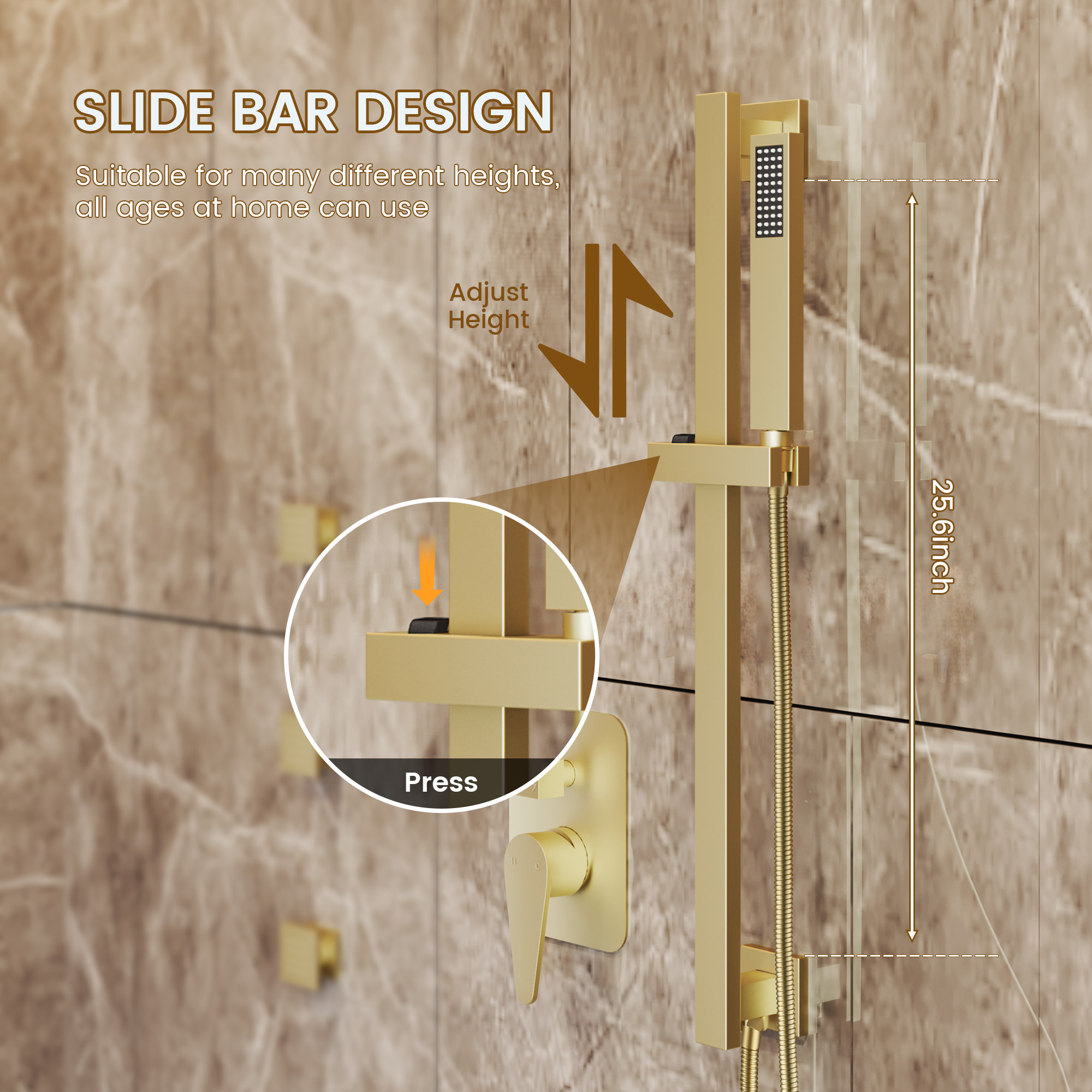 20*14 inch 3-Function Body Jet Shower System with LED Lights & Slide Bar