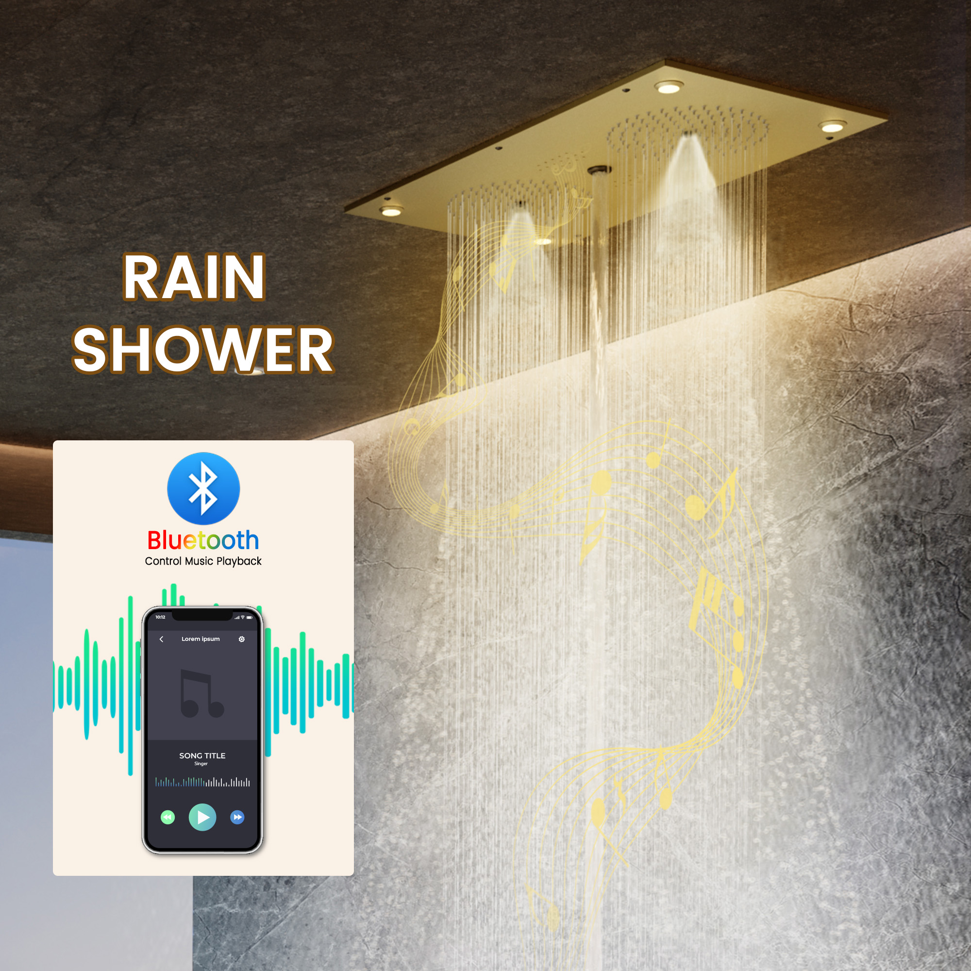 28*15 inch 4-Function Thermostatic Shower System with LED Lights & Bluetooth