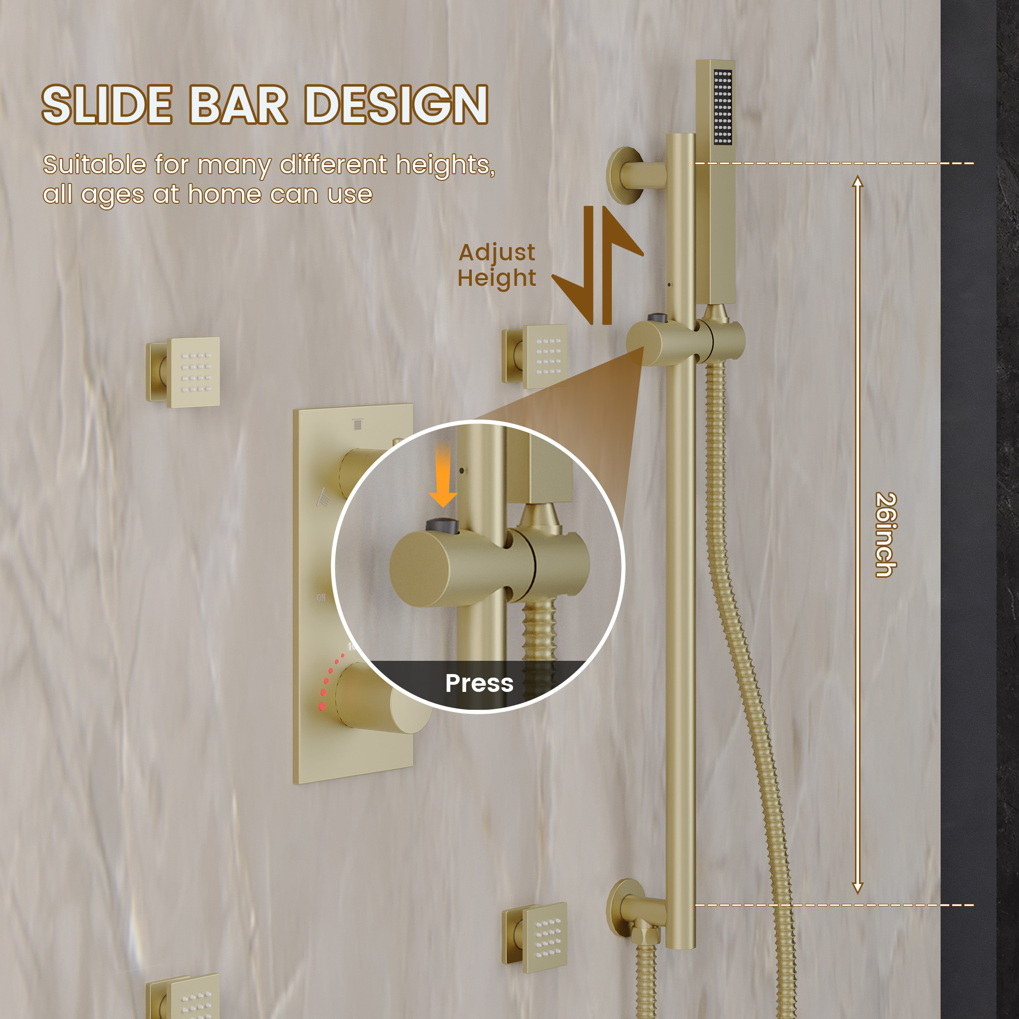 12-inch 3-Function Thermostatic Rain Shower System with Body Jets & Slide Bar