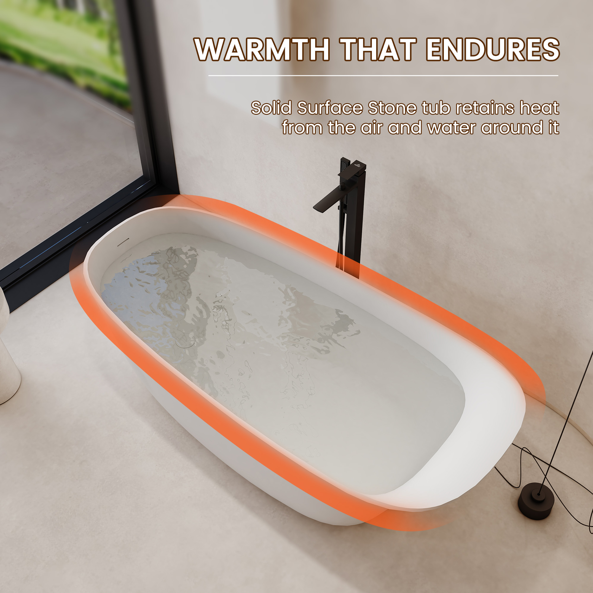 63" Solid Surface Freestanding Soaking Tub with Unique Cap Design