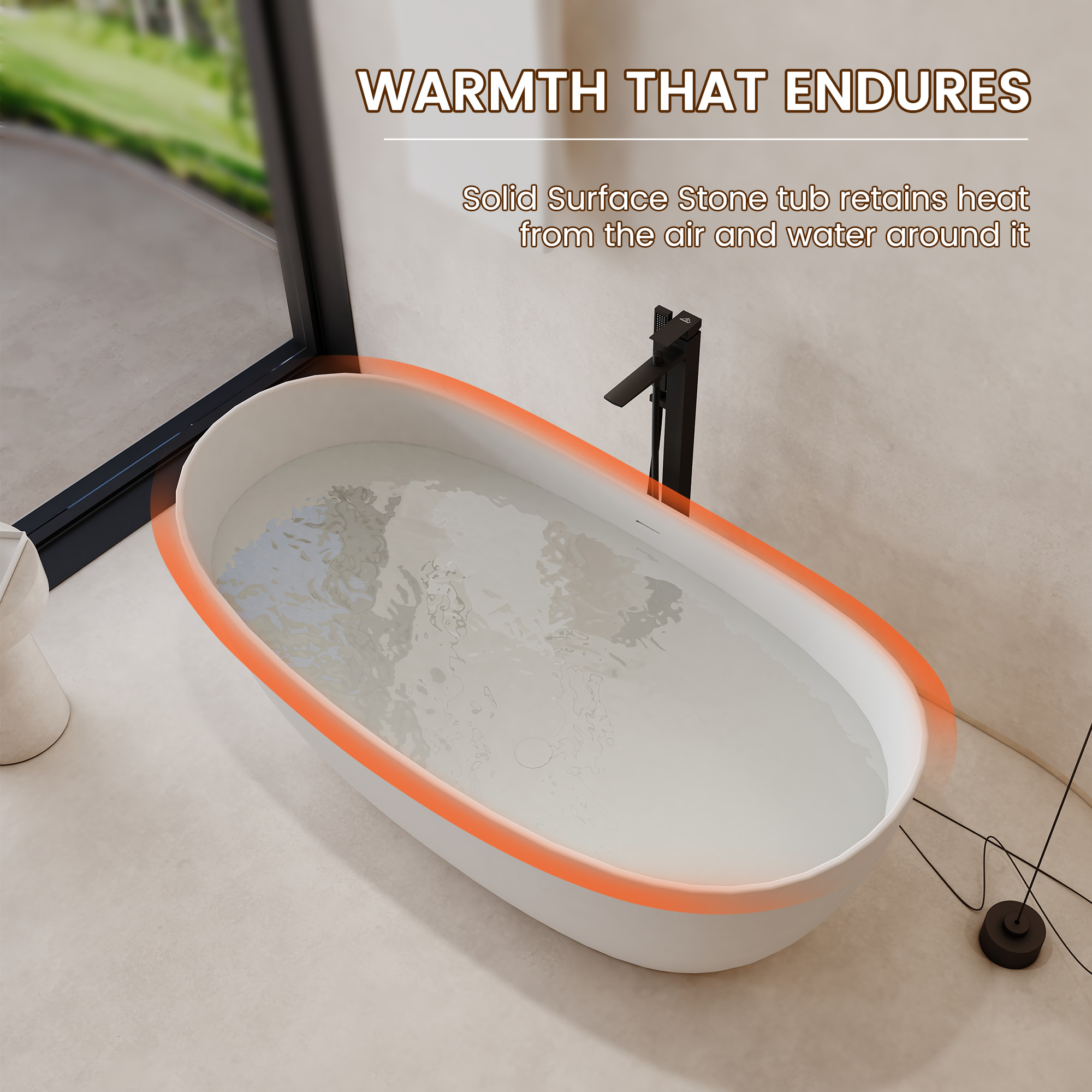 63" Freestanding Solid Surface Stone Bathtub with Symmetrical Moon Design