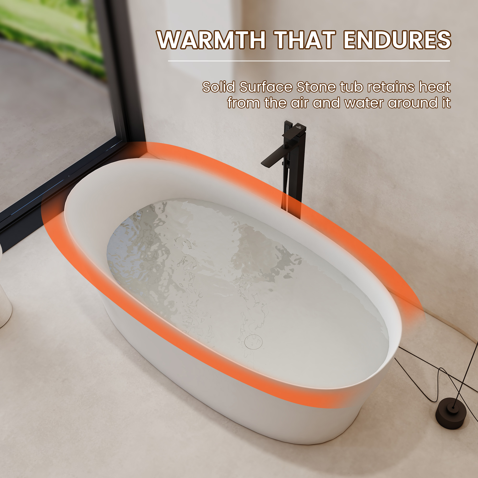 63" Solid Surface Freestanding Bathtub with Thickened Edge in Matte White