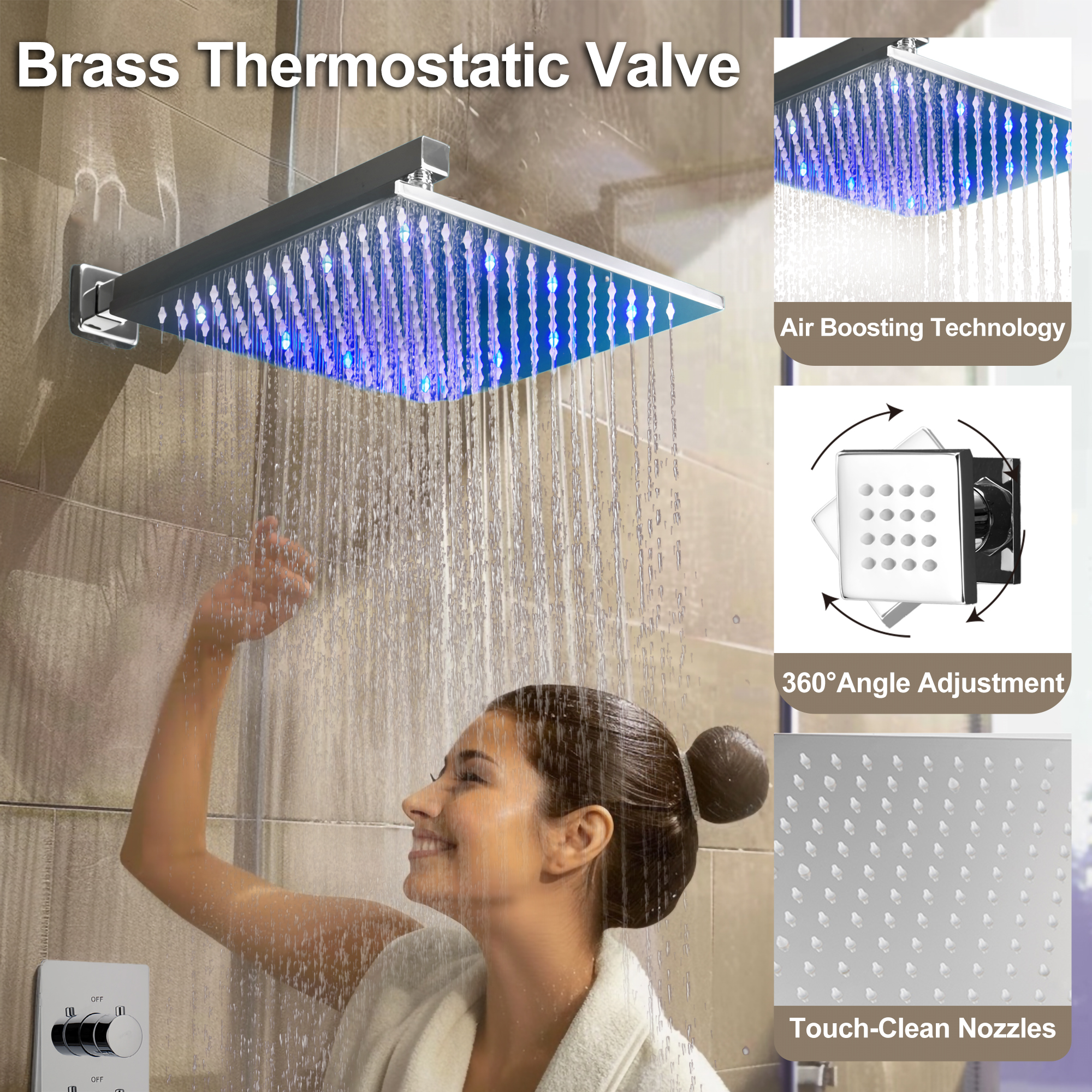 12" Thermostatic LED Shower System Wall-Mount Rain Showerhead with 6 Body Jets