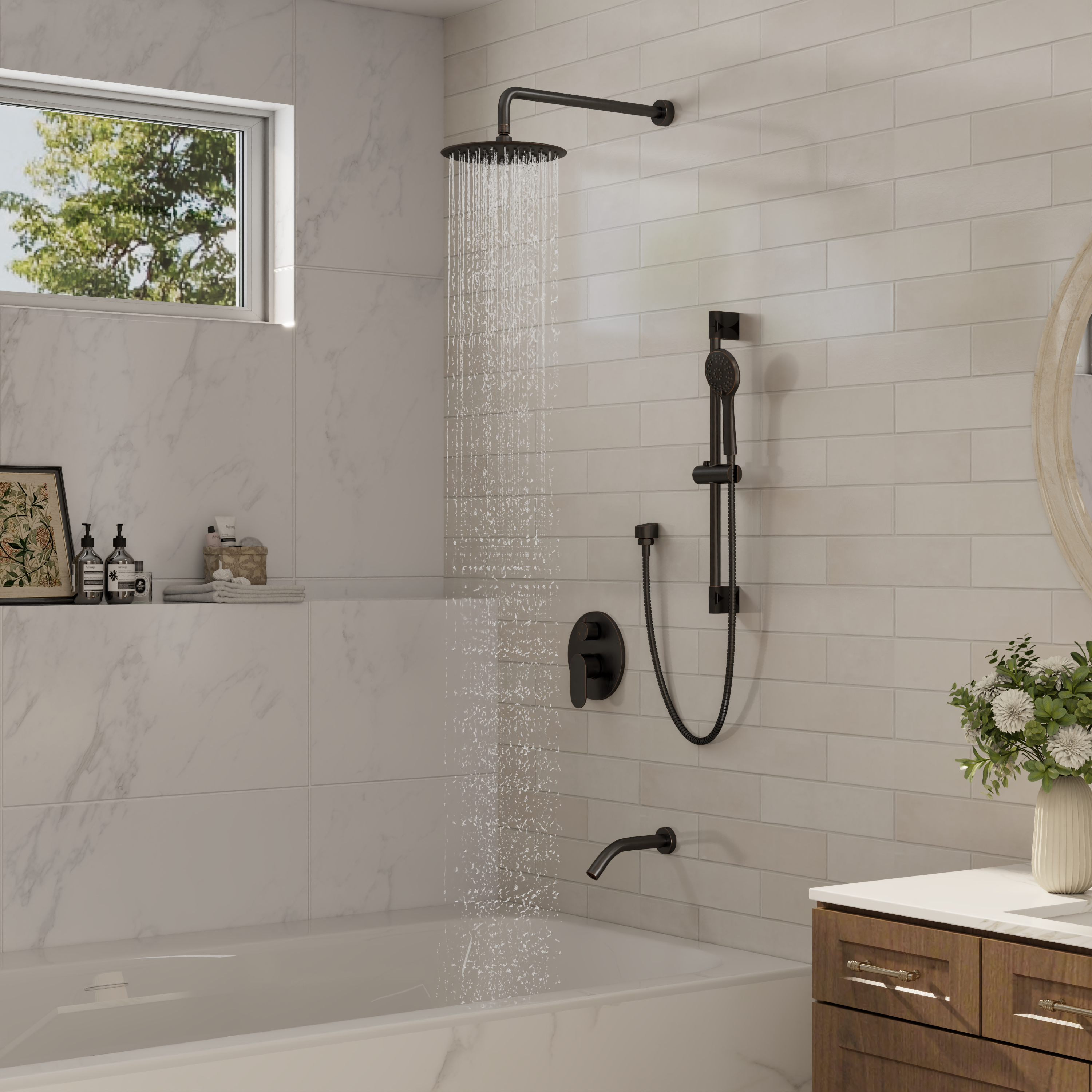 9" 3-Function Shower Faucet Set with Tub Spout & Slide Bar