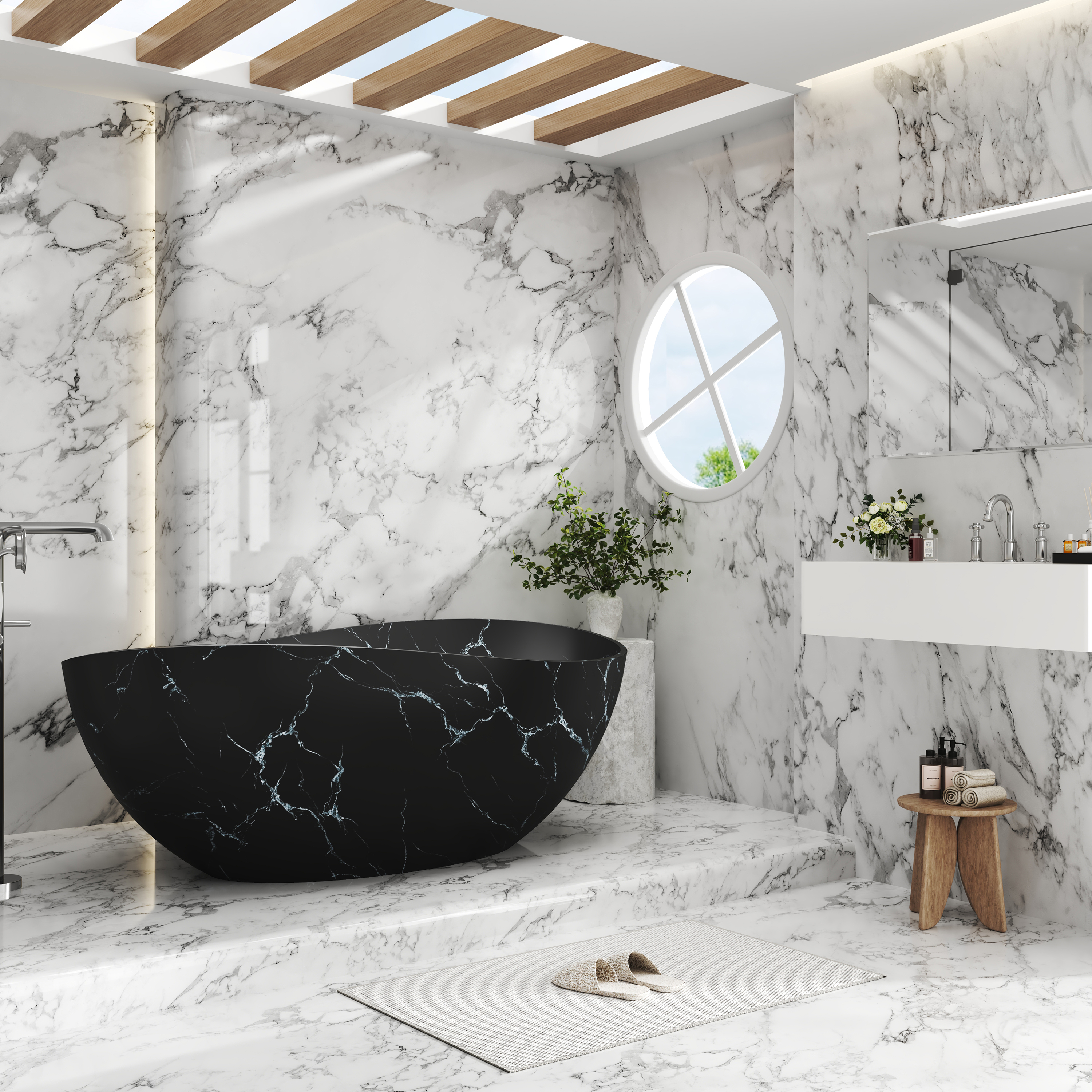 63" Artistic Marble Sculptural Solid Surface Freestanding Soaking Bathtub