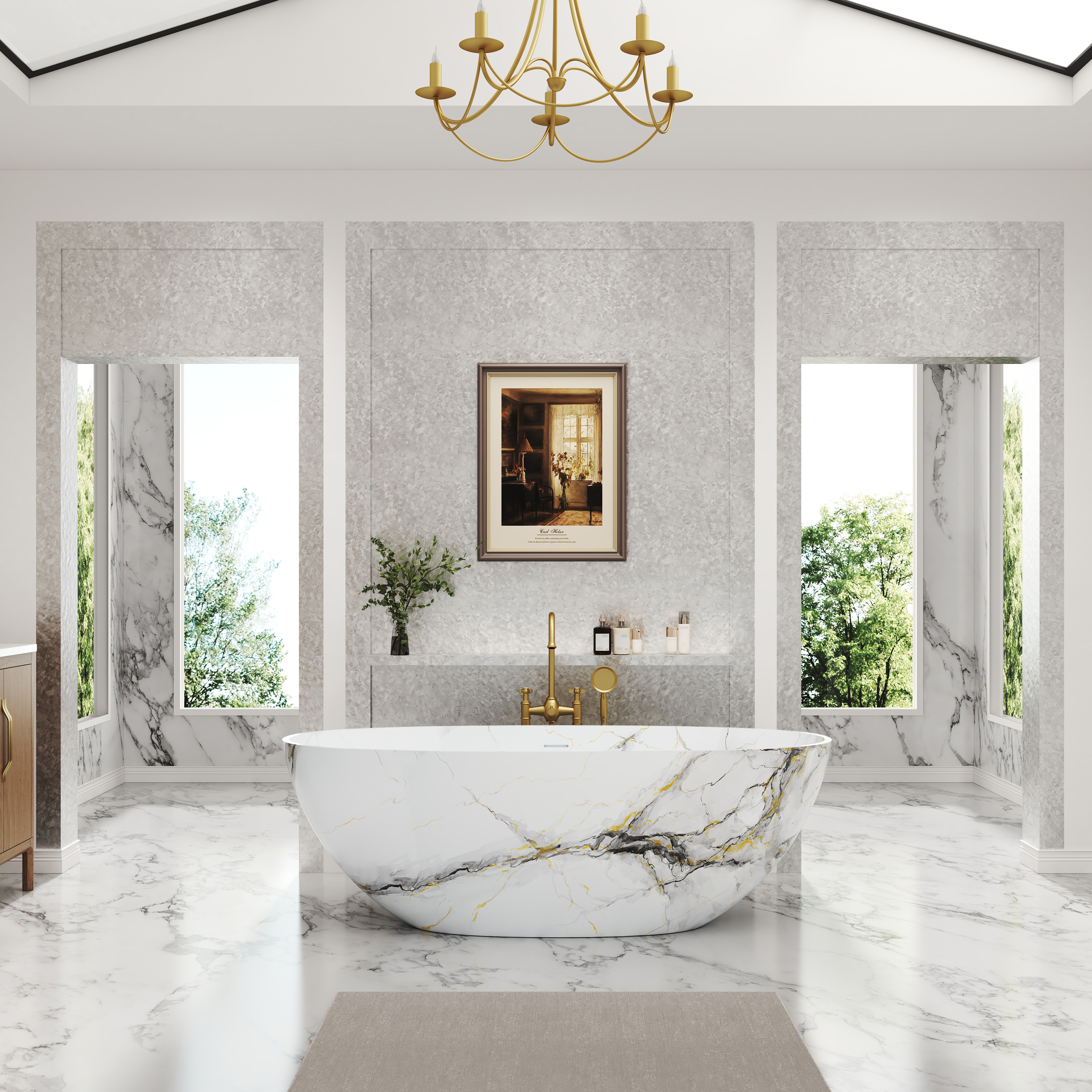 65" Freestanding Solid Surface Oval Bathtub in Marble Look Finish