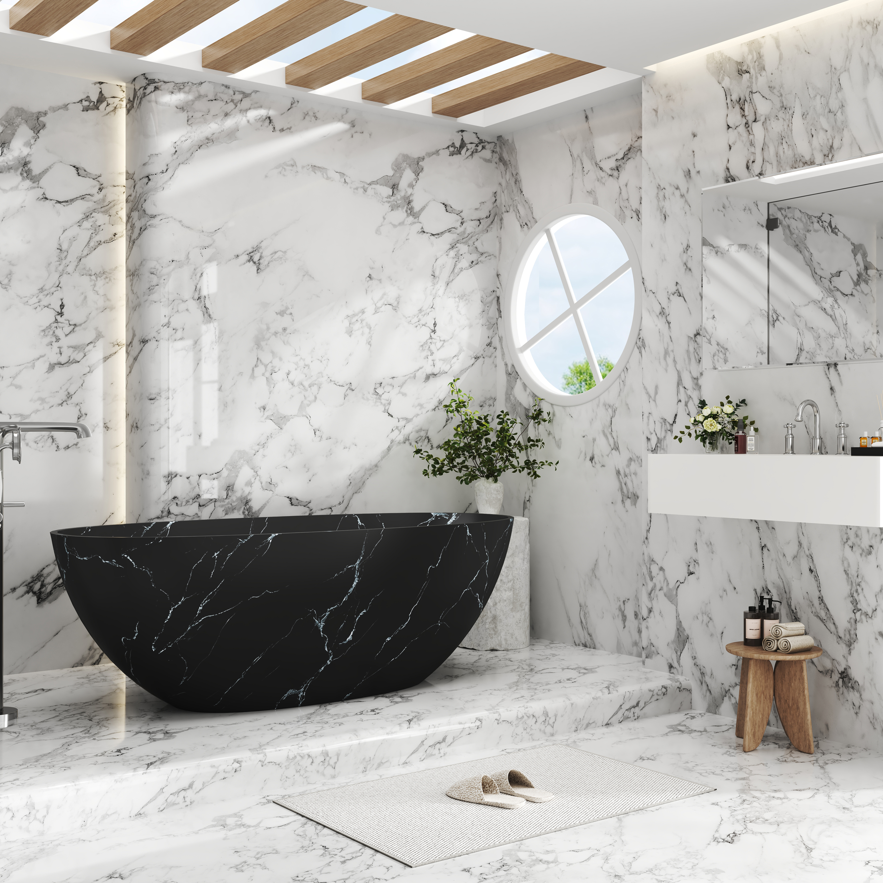 65" Freestanding Solid Surface Oval Bathtub in Marble Look Finish