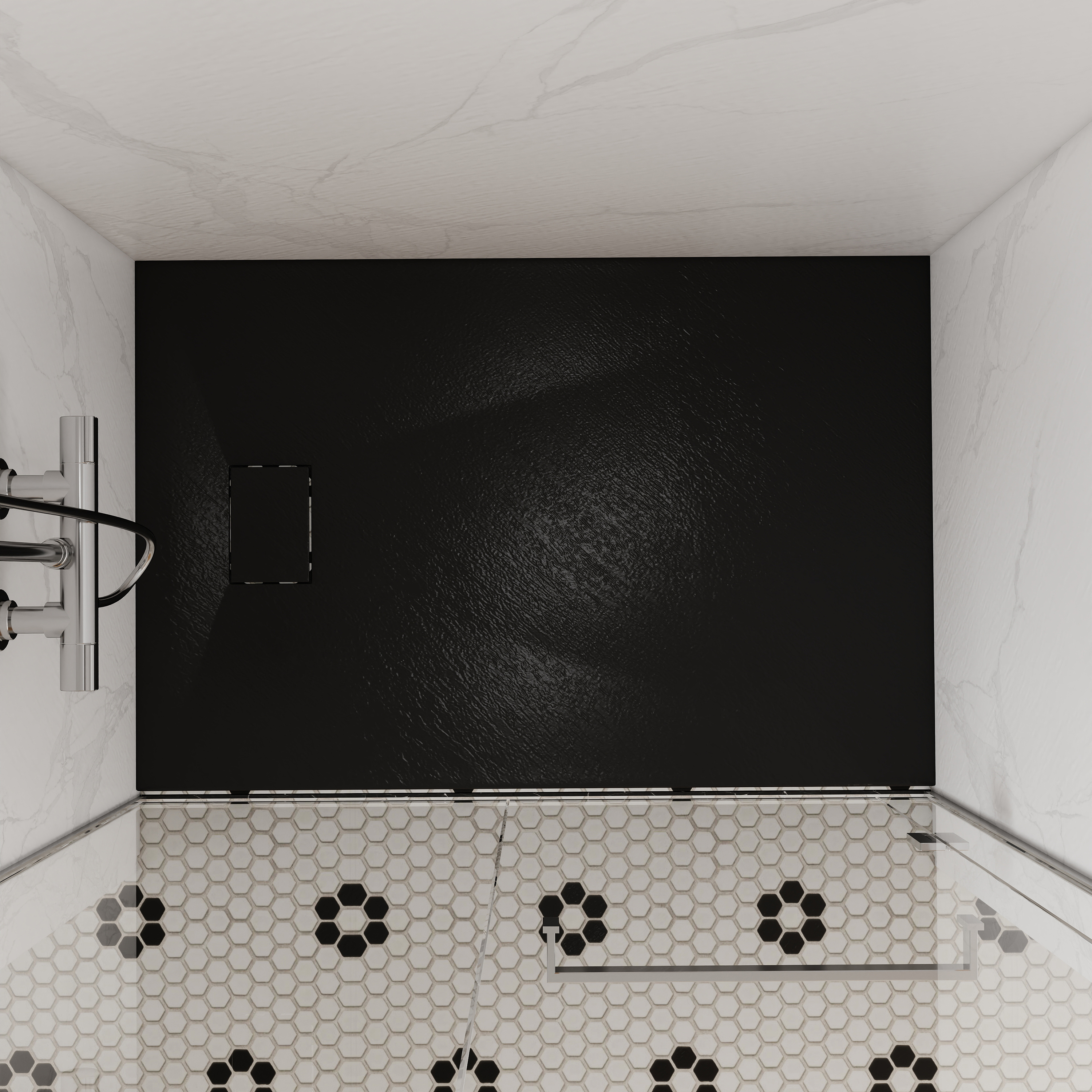 European-Style SMC Shower Base with Sleek Marble Texture in Black & White