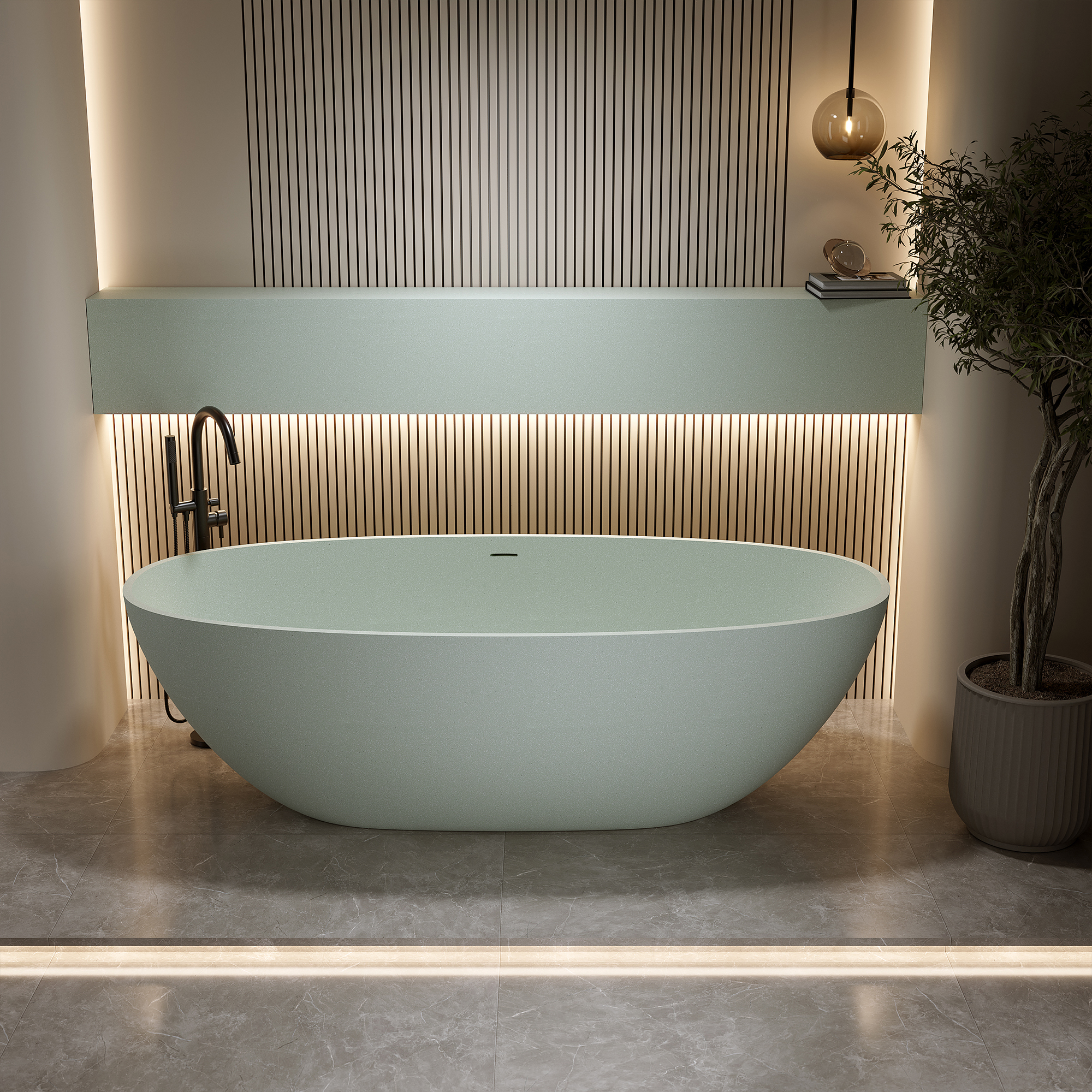 55" Freestanding Bathtub Resin Stone Soaking Bathtub Solid Surface Modern Tubs with Overflow and Pop-up Drain 
