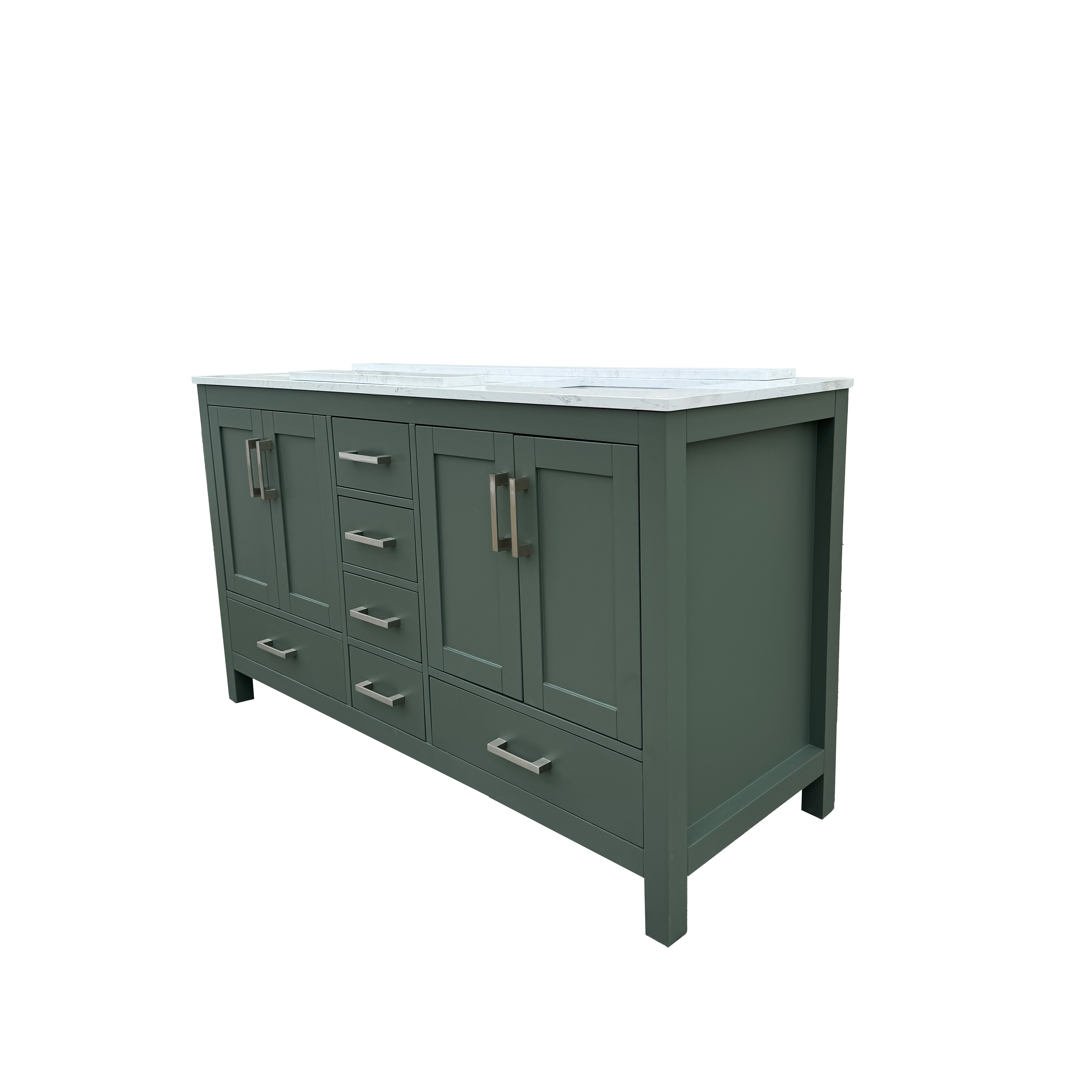 60" Deep Olive Green Double Sink Bathroom Vanity with Engineering Stone Top & 2 Basins