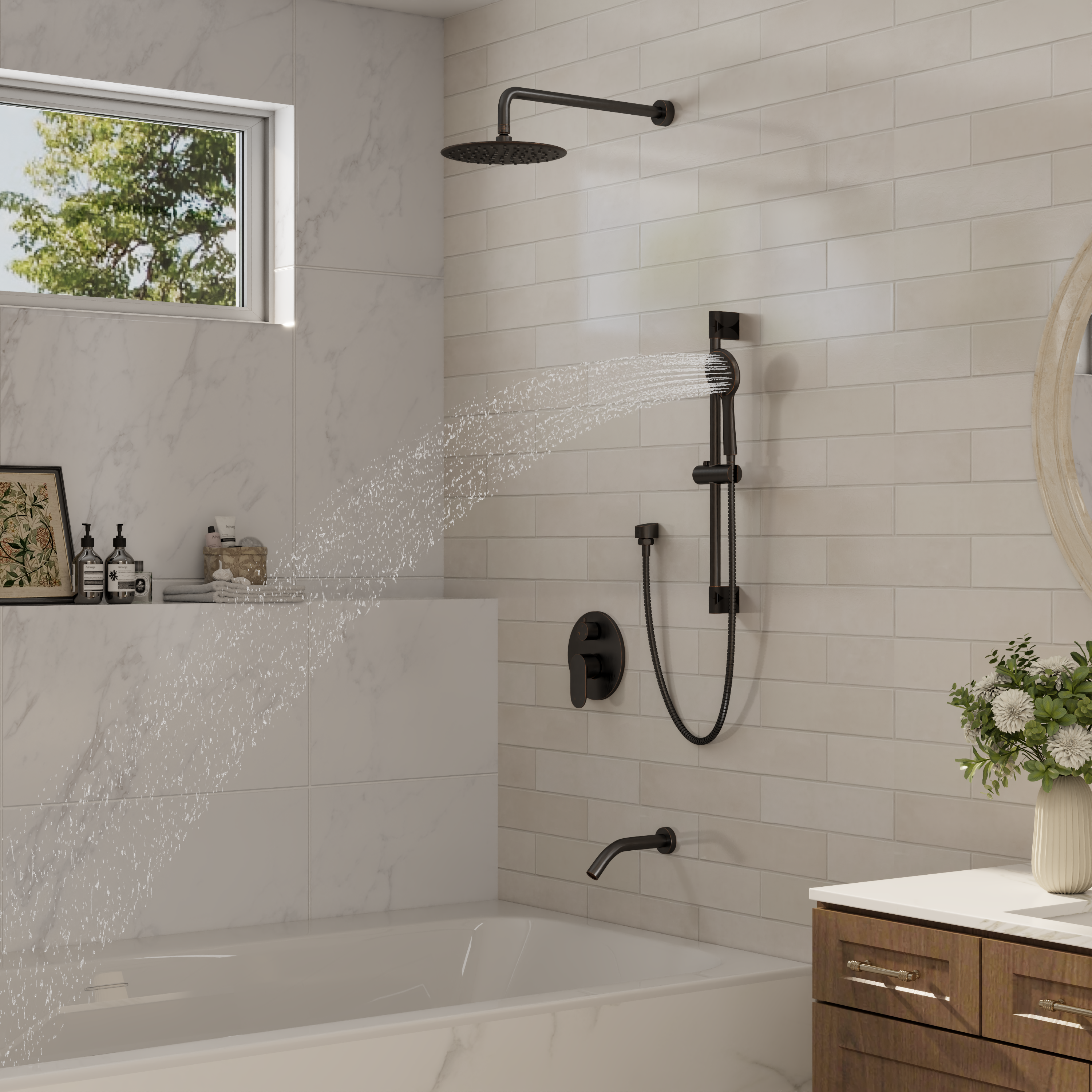 9" 3-Function Shower Faucet Set with Tub Spout & Slide Bar