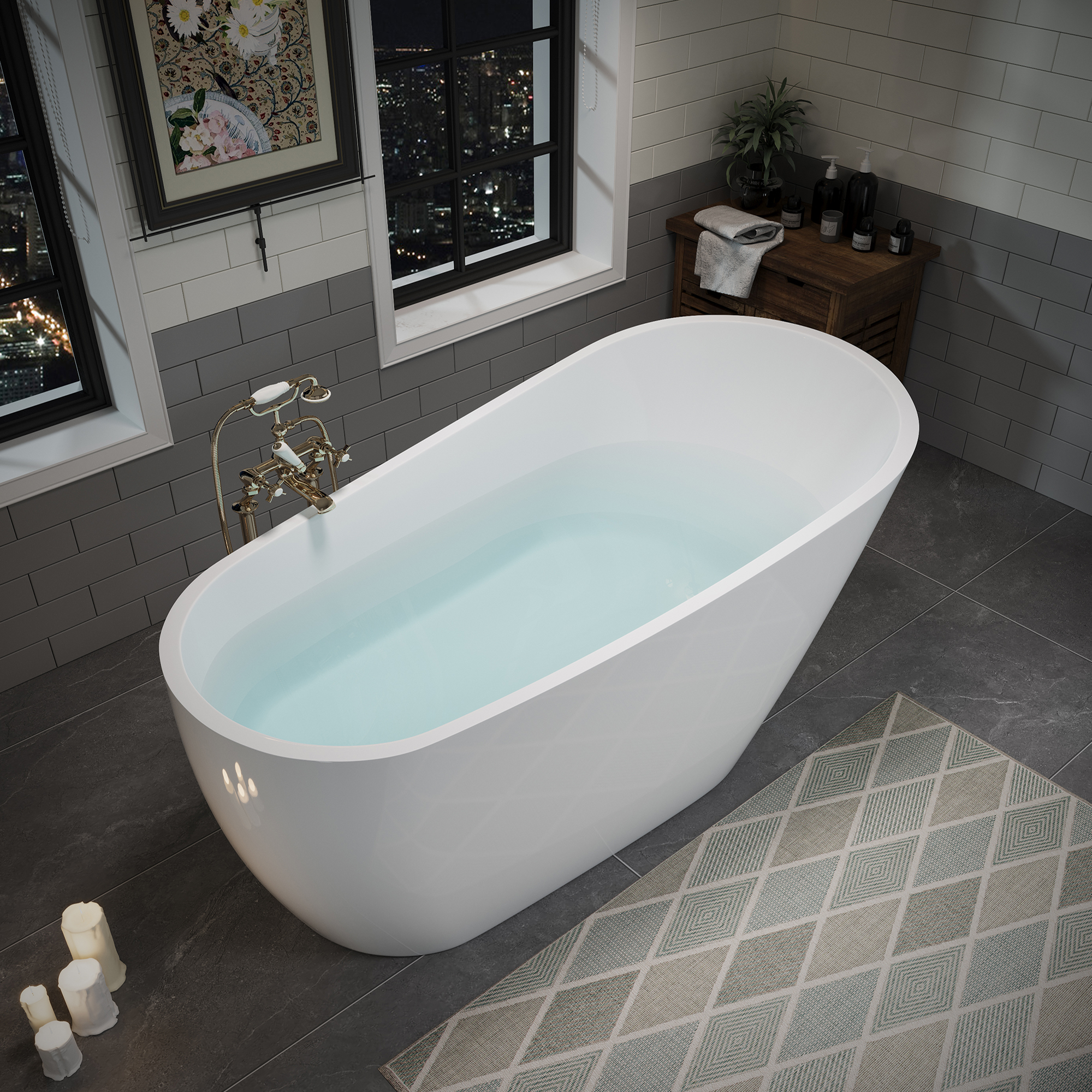 59" Glossy White Acrylic Freestanding Soaking Bathtub with Pop-Up Drain and Integrated Overflow
