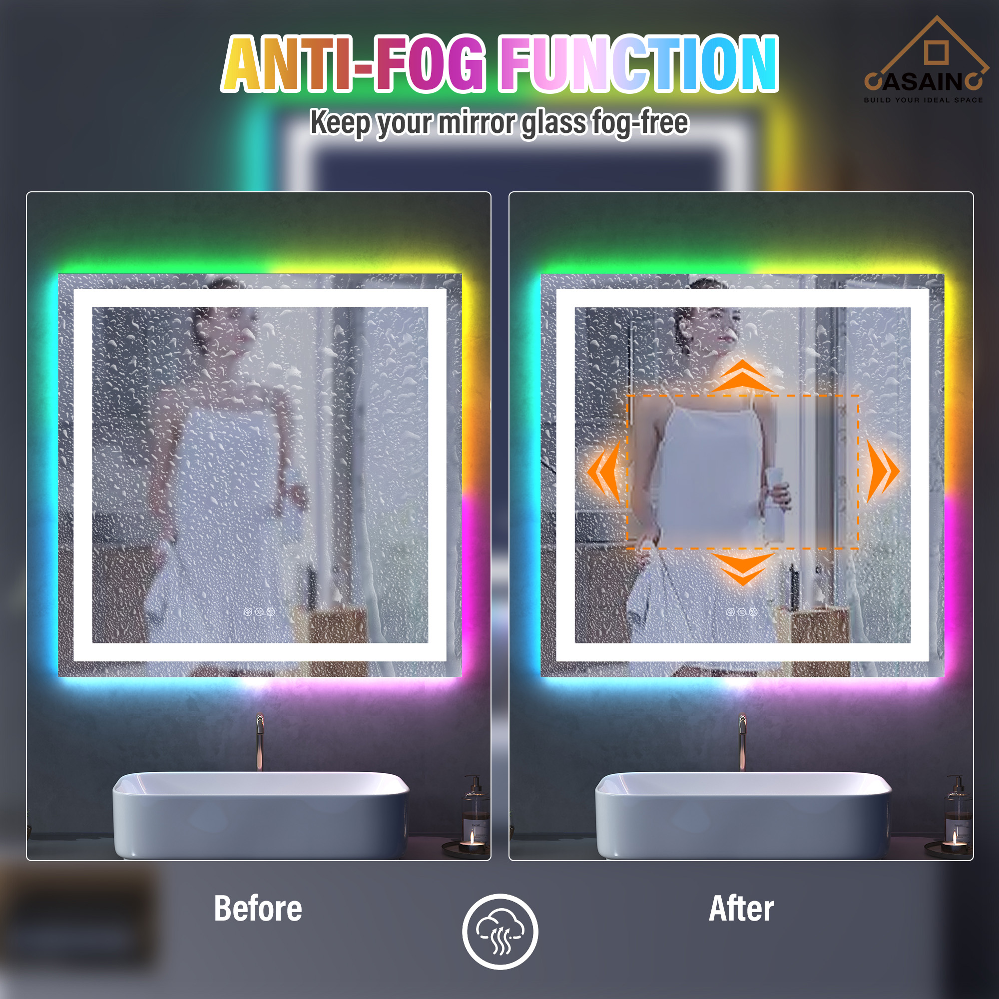 Tempered RGB LED Bathroom Mirror with Smart Controls & Anti-Fog