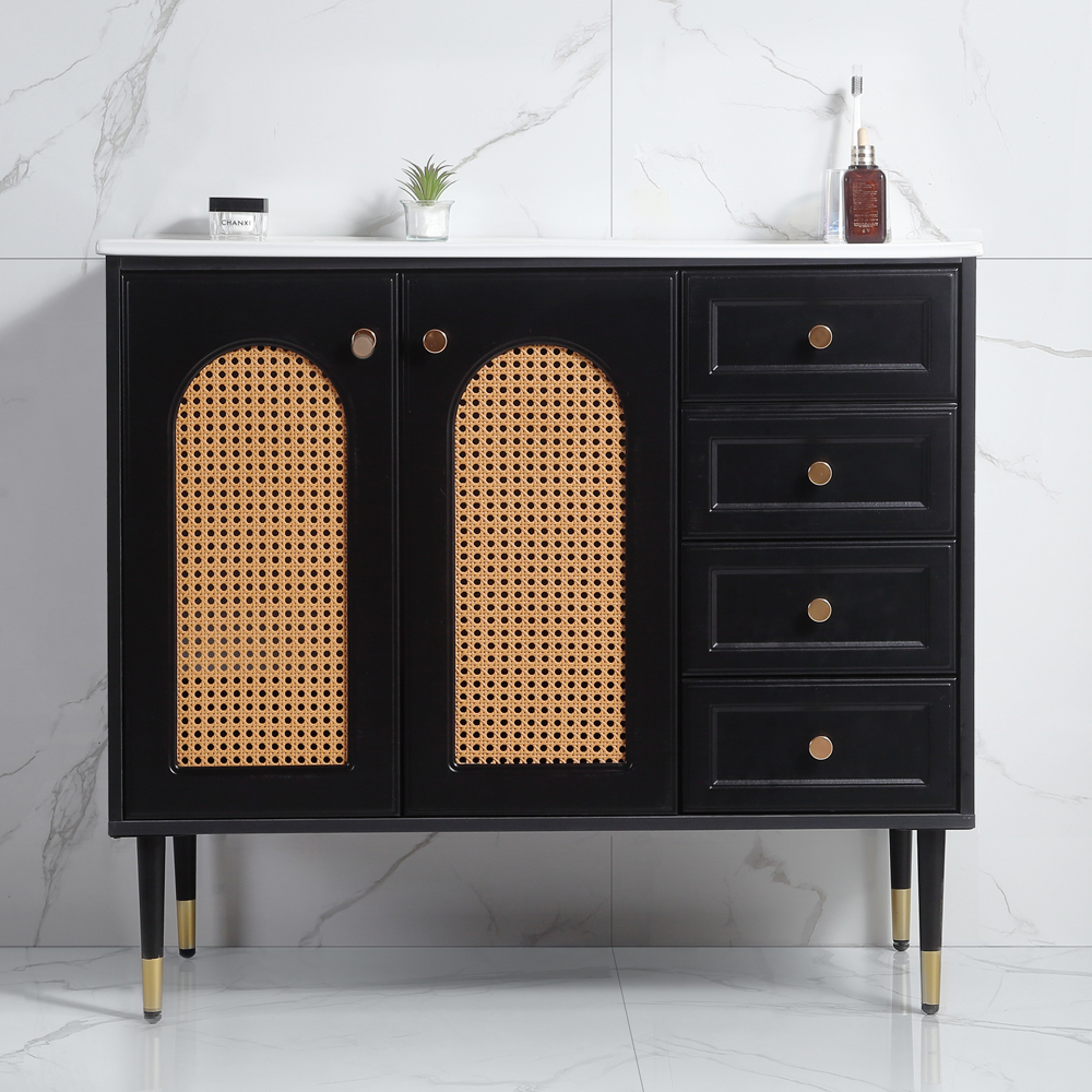 36" Bathroom Vanity with Ceramic Basin and Rattan Double Door Cabinet