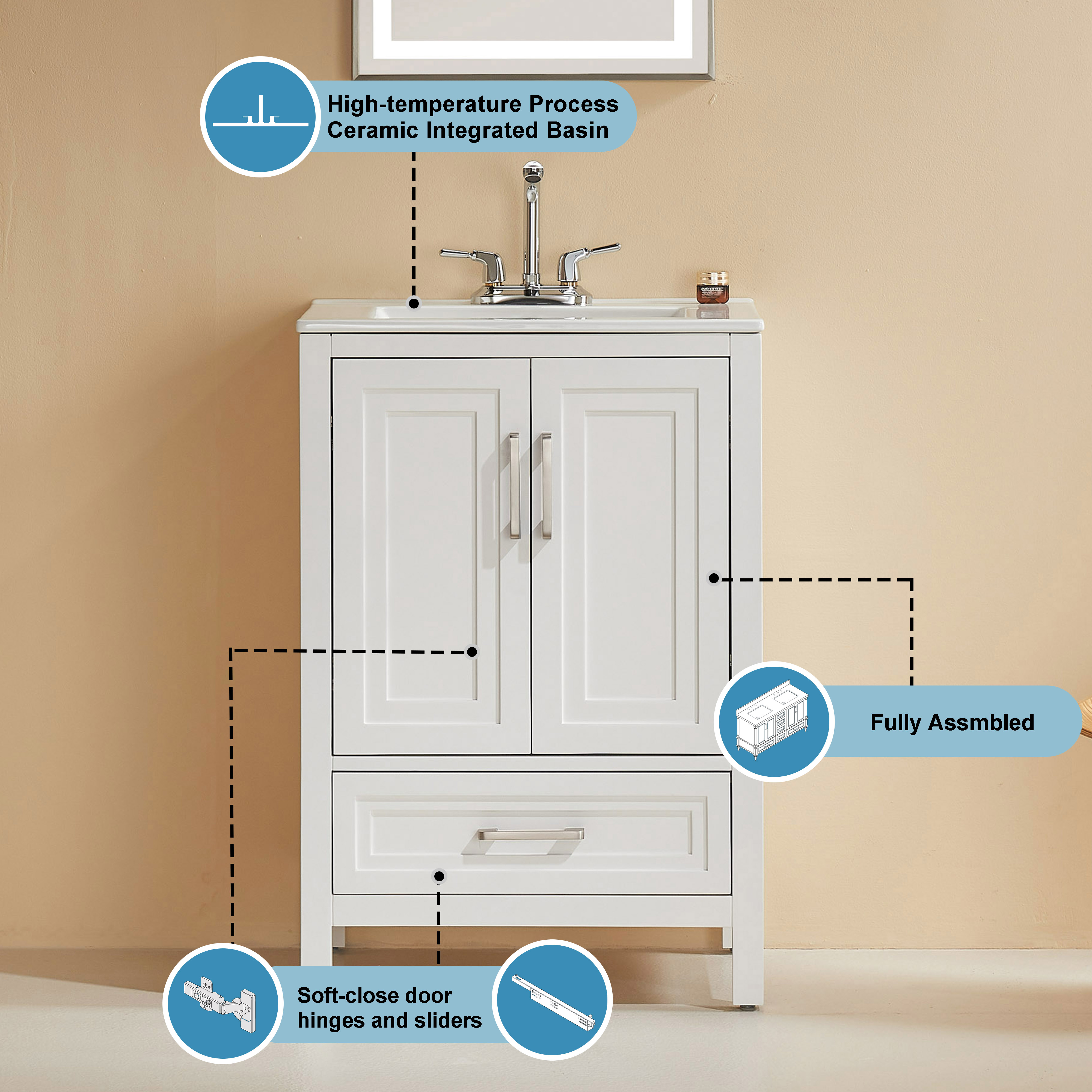 Fully Assembled 18"-60" Freestanding Bathroom Vanity with Integrated Top