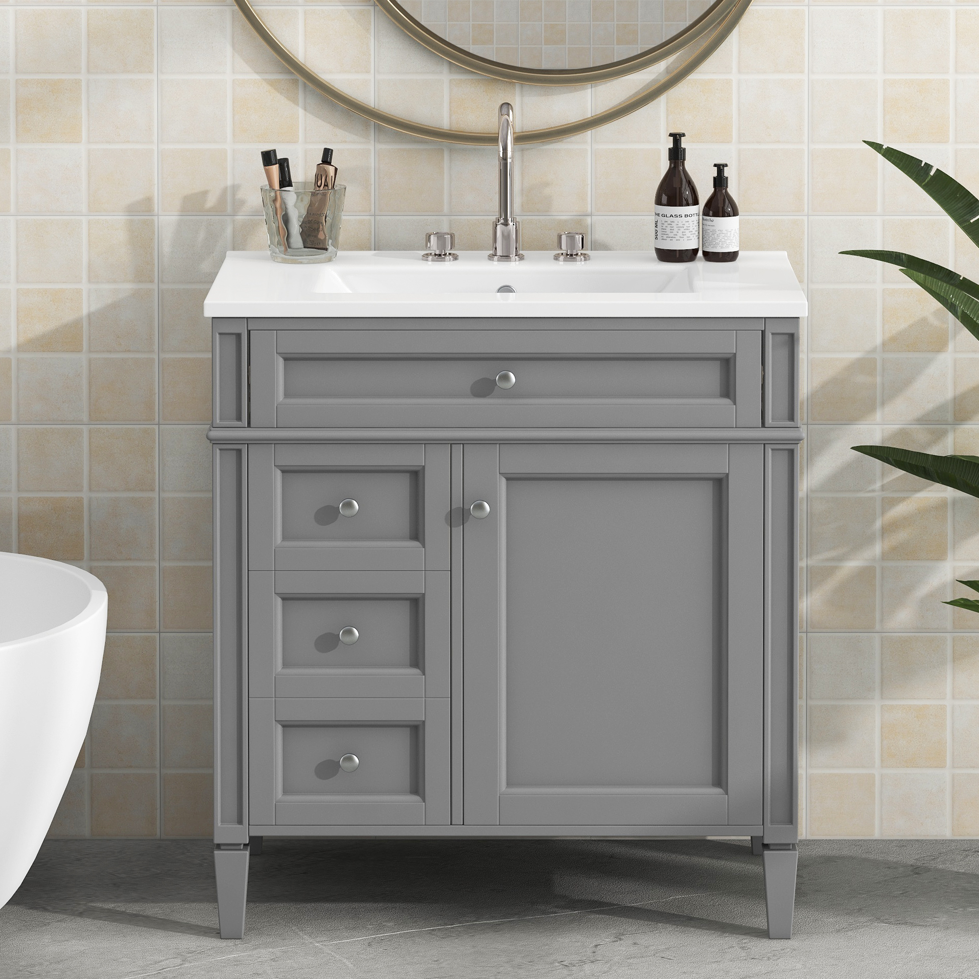 30"/36" Freestanding Bathroom Vanity in Grey with 2 Drawers and a Tip-out Drawer