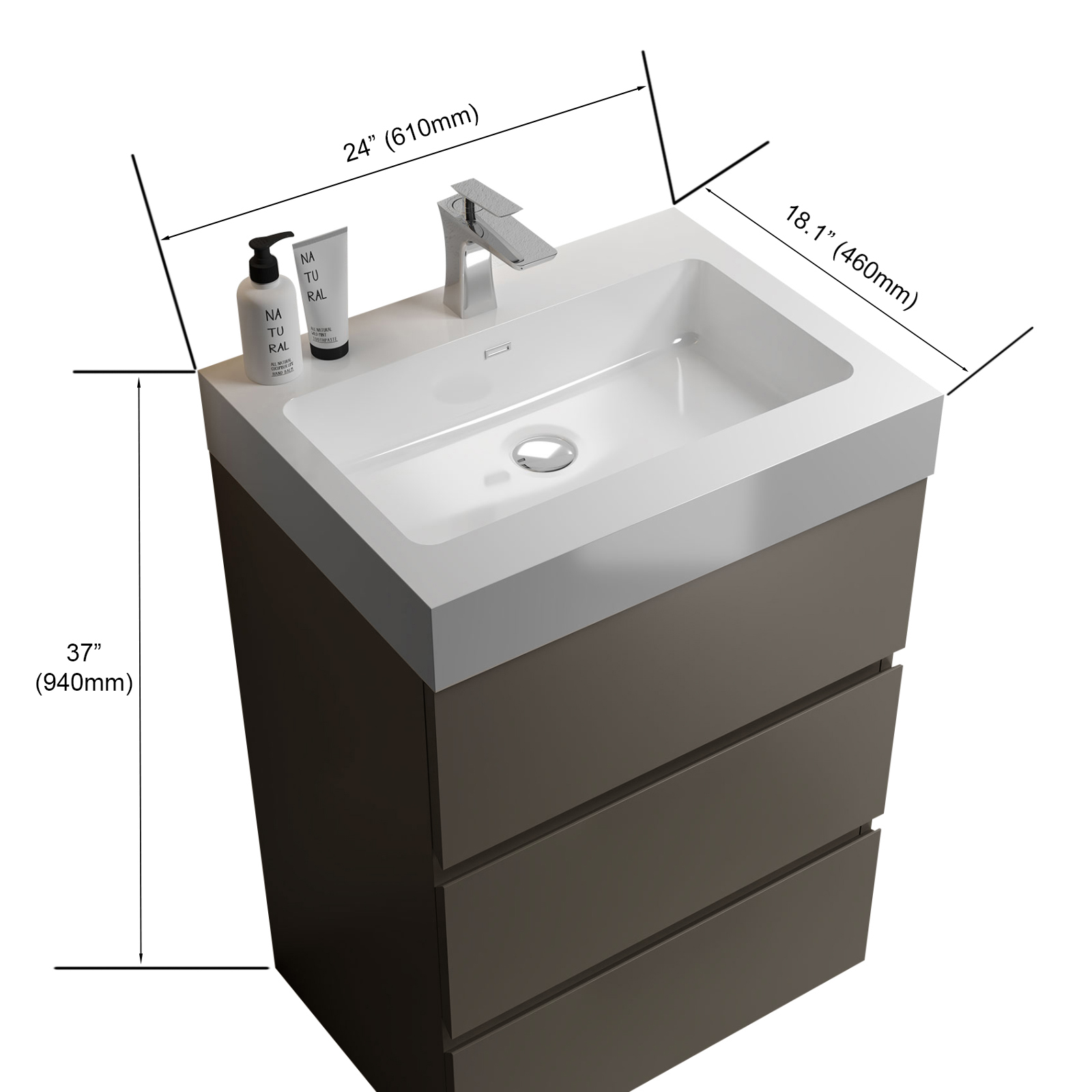 24"/30"/36" Gray Freestanding Bathroom Vanity with One-Piece Sink Basin