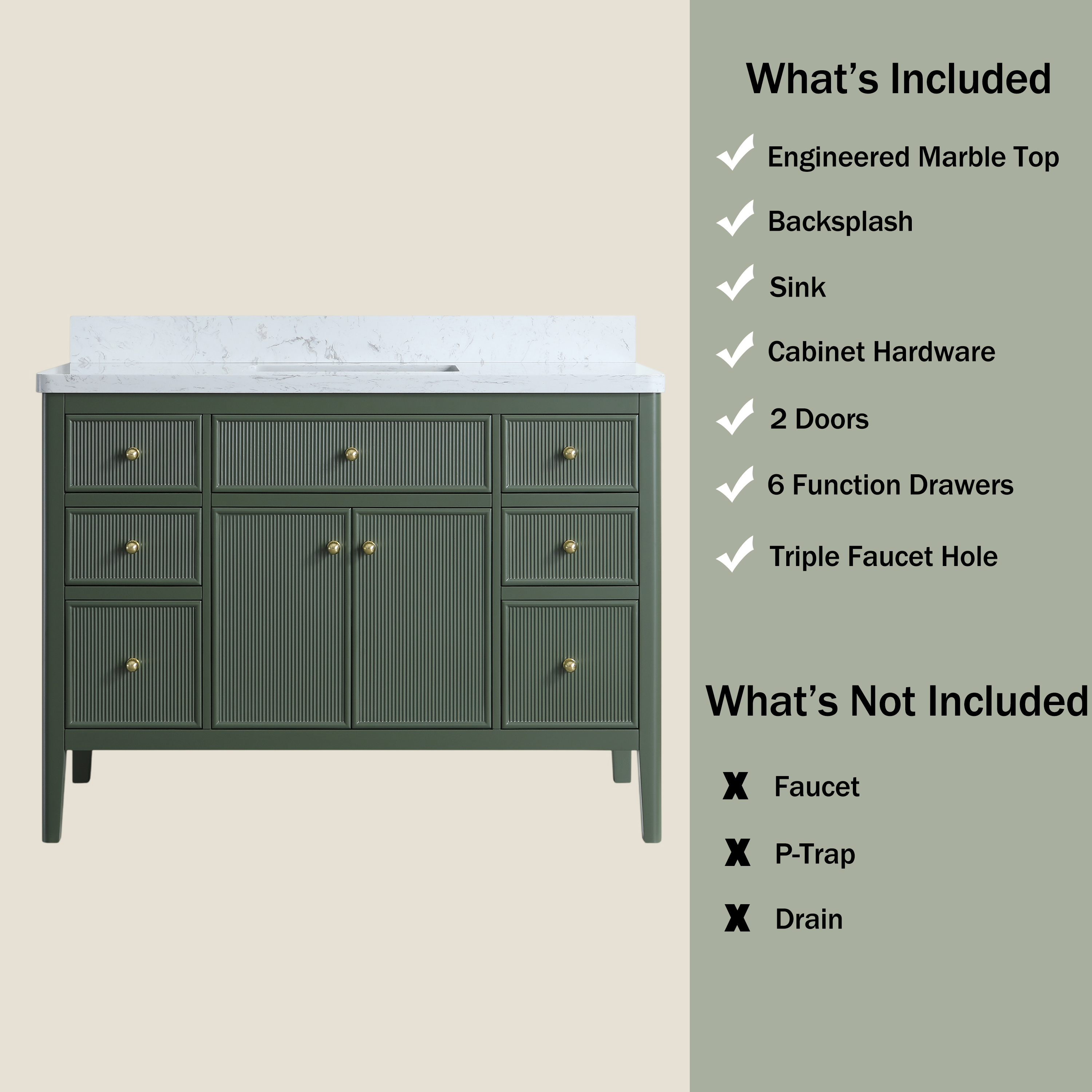 30"/36"/48" Freestanding Single Sink Bathroom Vanity with Solid Wood Construction & Marble Top