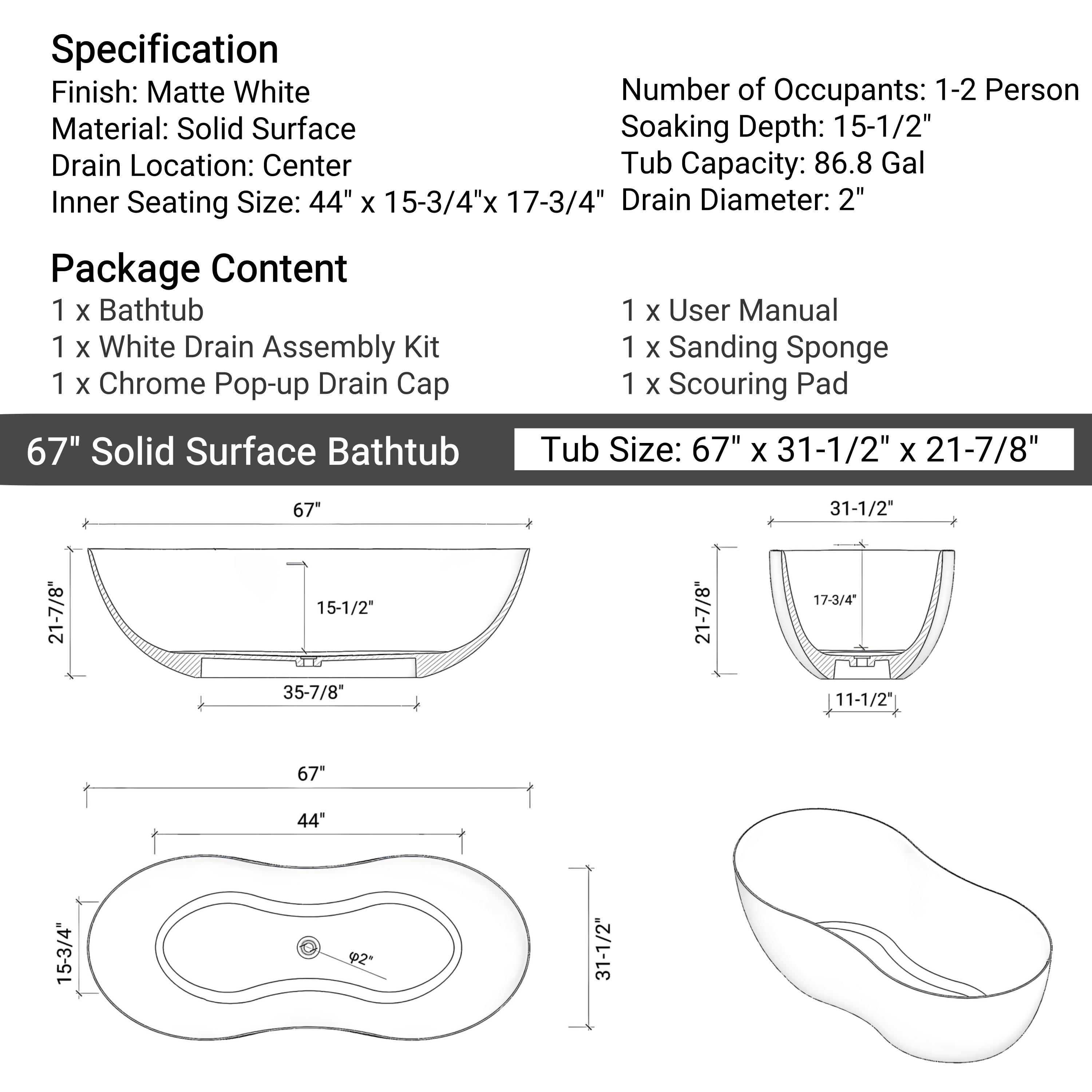 67" Peanut-Shaped Freestanding Solid Surface Bathtub for Two with Overflow & Pop-Up Drain