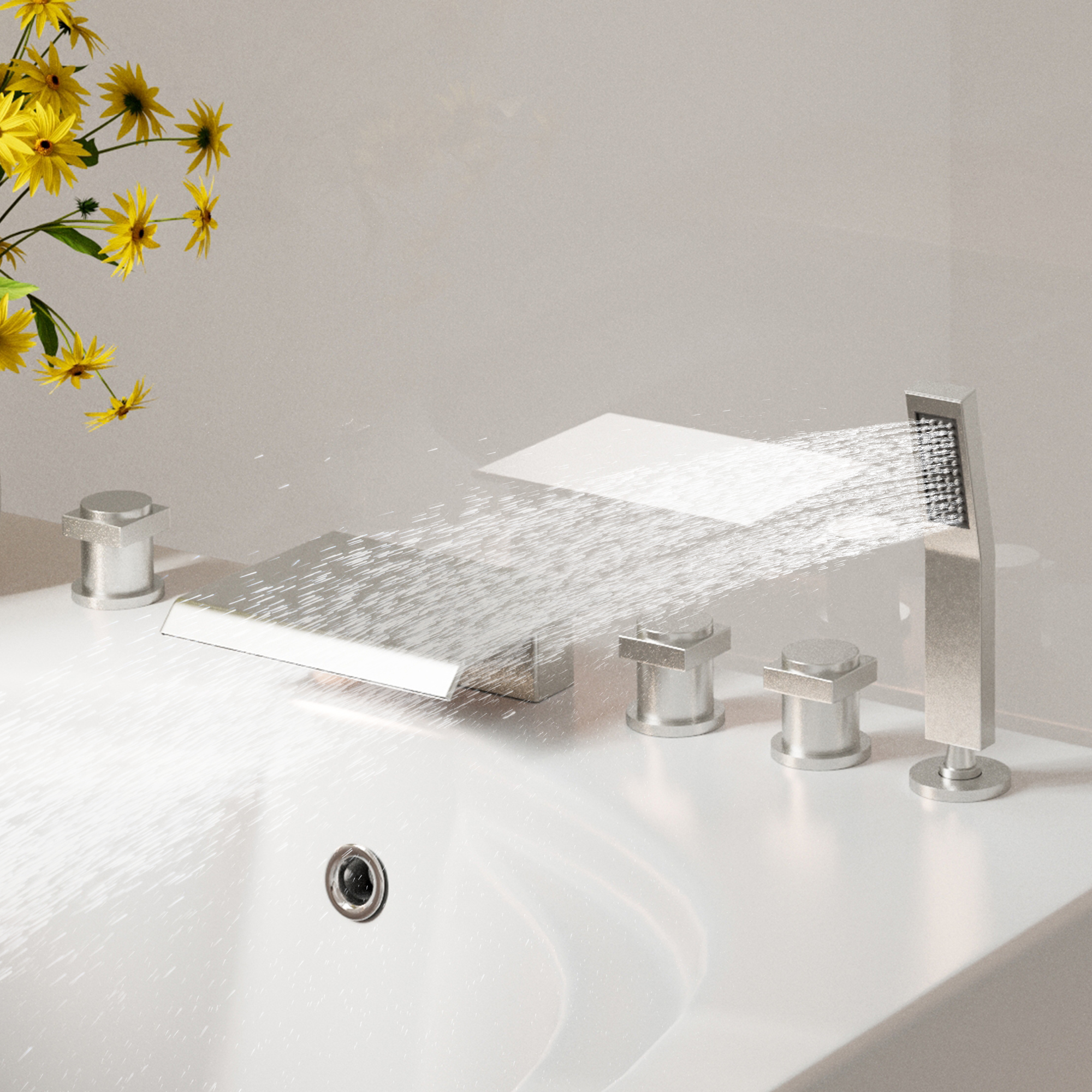 3-Handle 5 Holes Deck-Mounted Bathtub Faucet with Handheld Shower