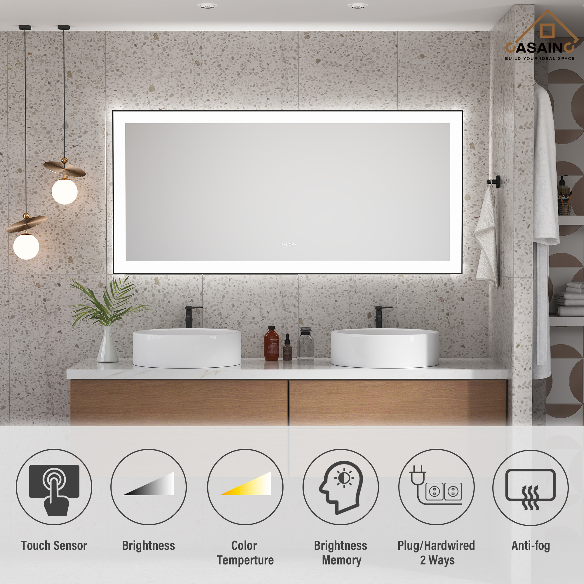 Tempered Glass LED Mirror with Aluminum Frame for Bathroom Vanity
