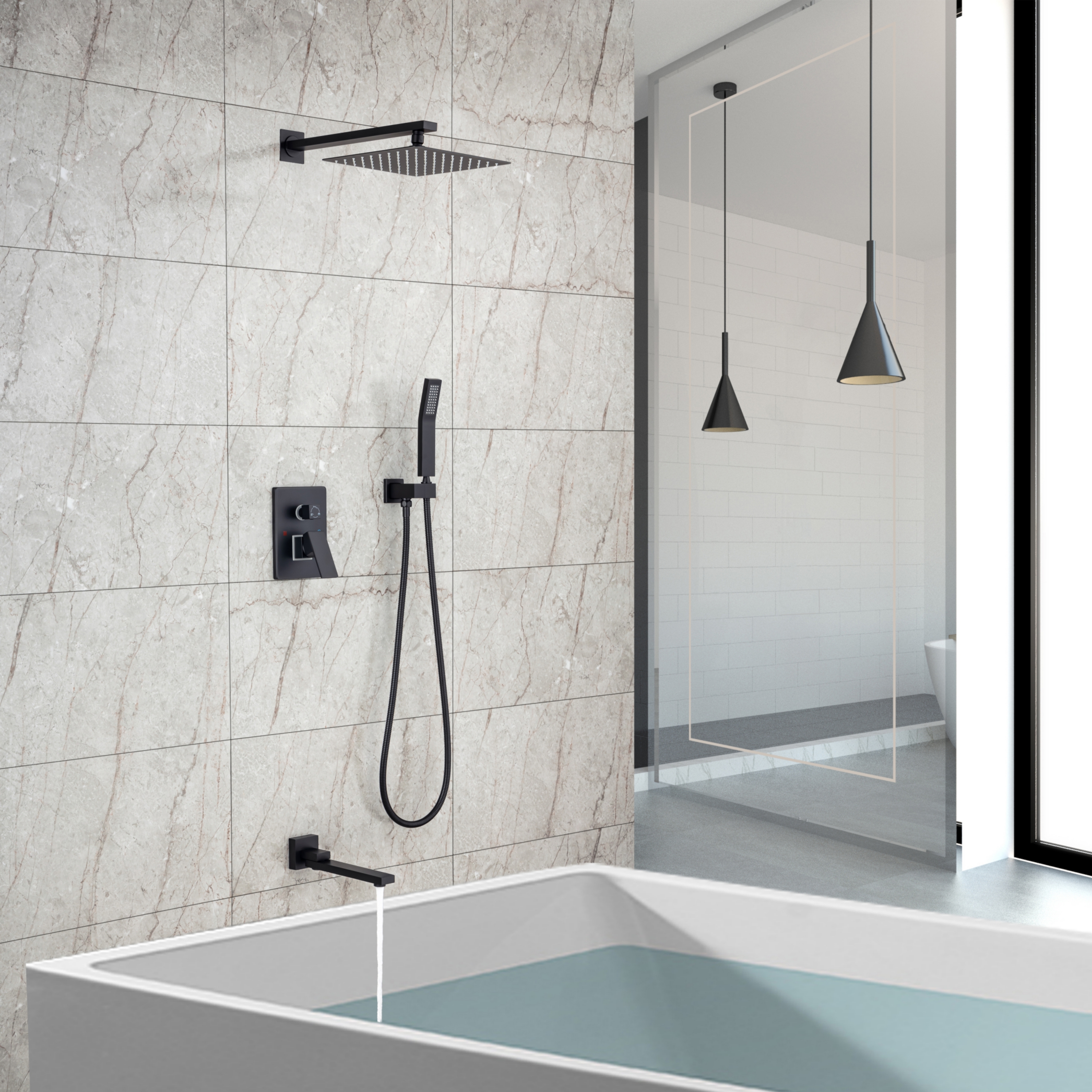 10-inch Wall-Mount Matte Black Shower System with Tub Filler