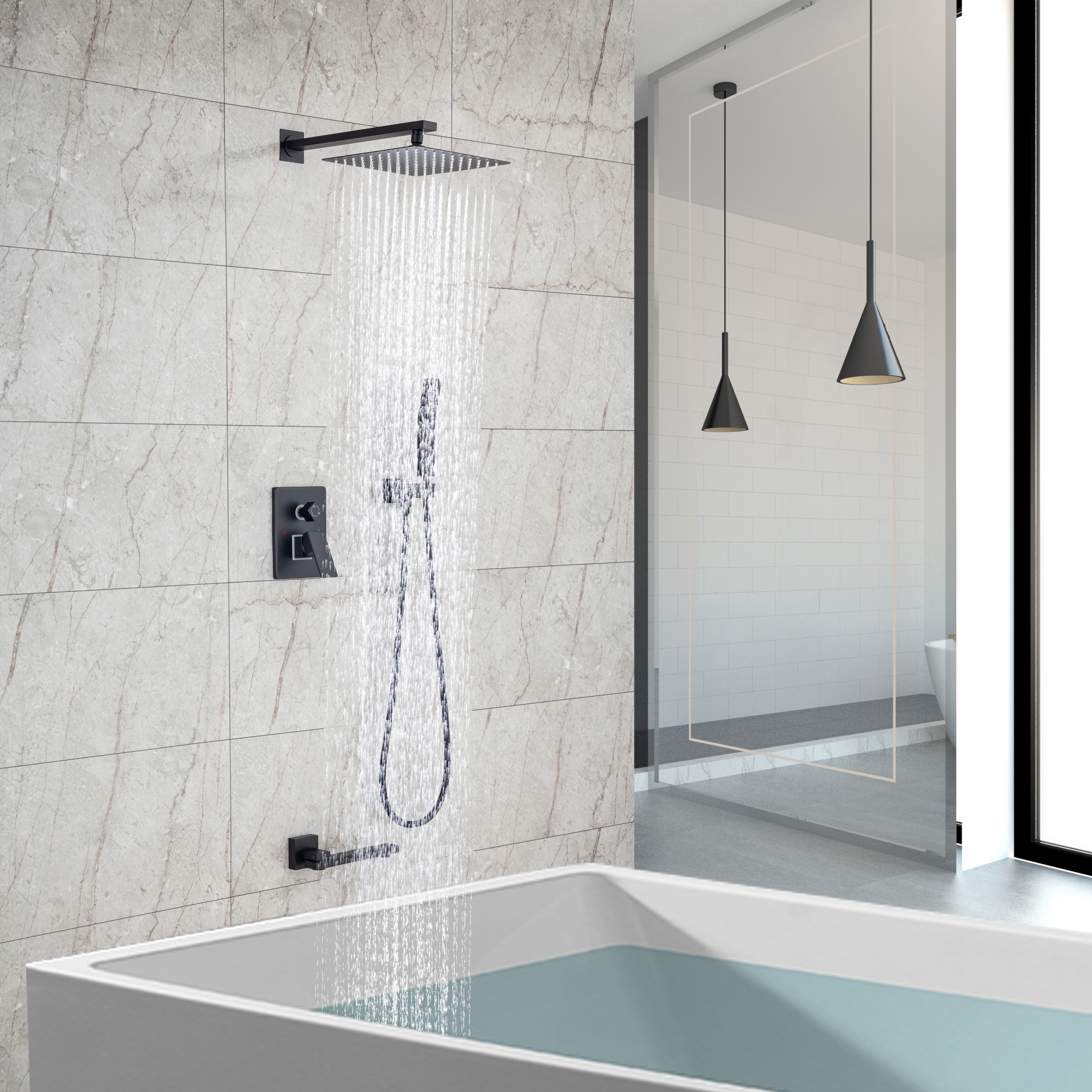 10-inch Wall-Mount Matte Black Shower System with Tub Filler