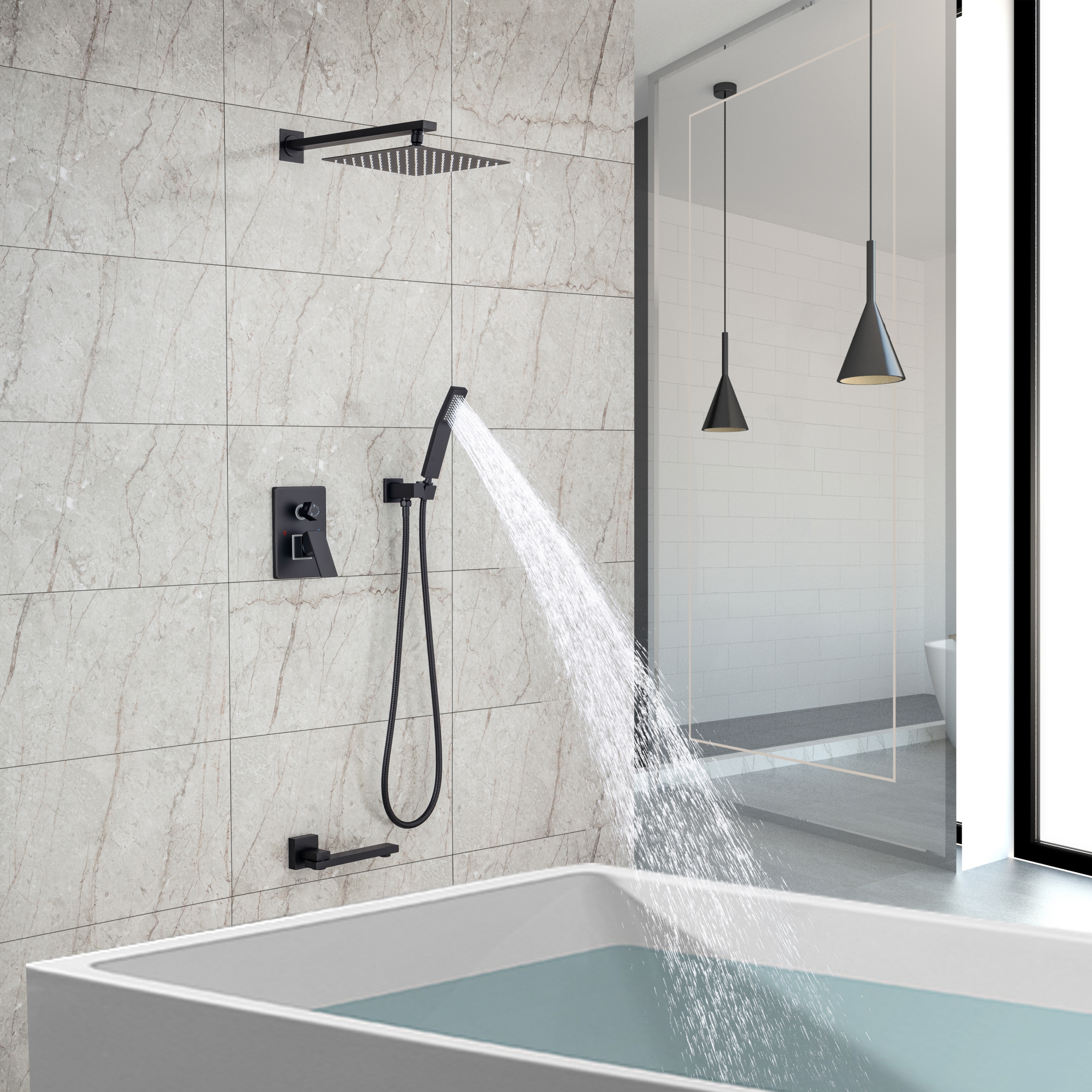 10-inch Wall-Mount Matte Black Shower System with Tub Filler