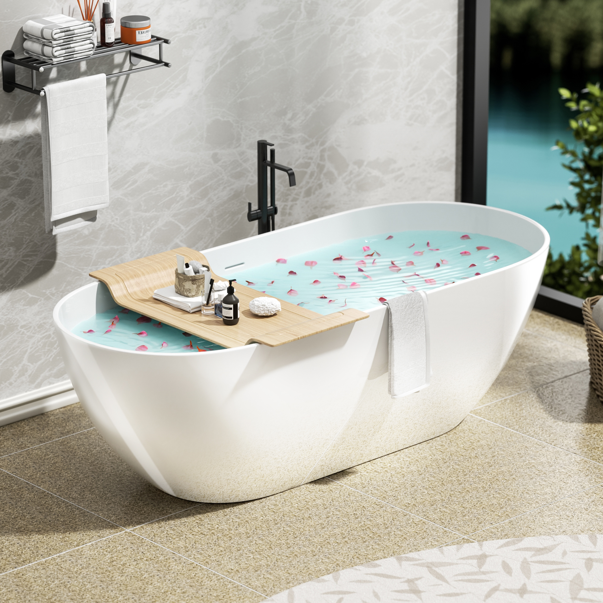 59"/63"/69" Modern Stone Resin Freestanding Soaking Tub with Spa-Level Comfort