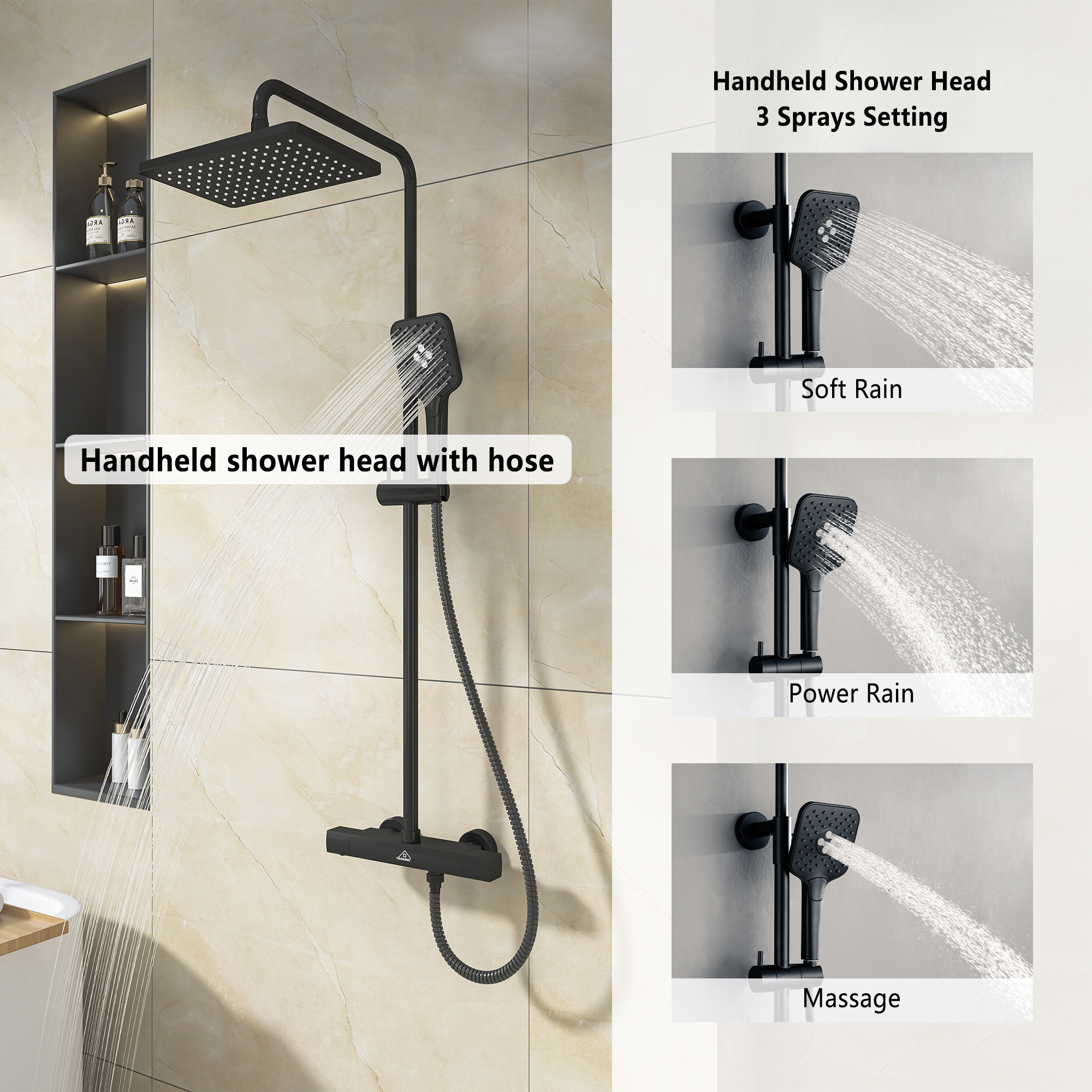 11.4*7.5" Thermostatic Rain Shower Faucet with Slide Bar in Matte Black