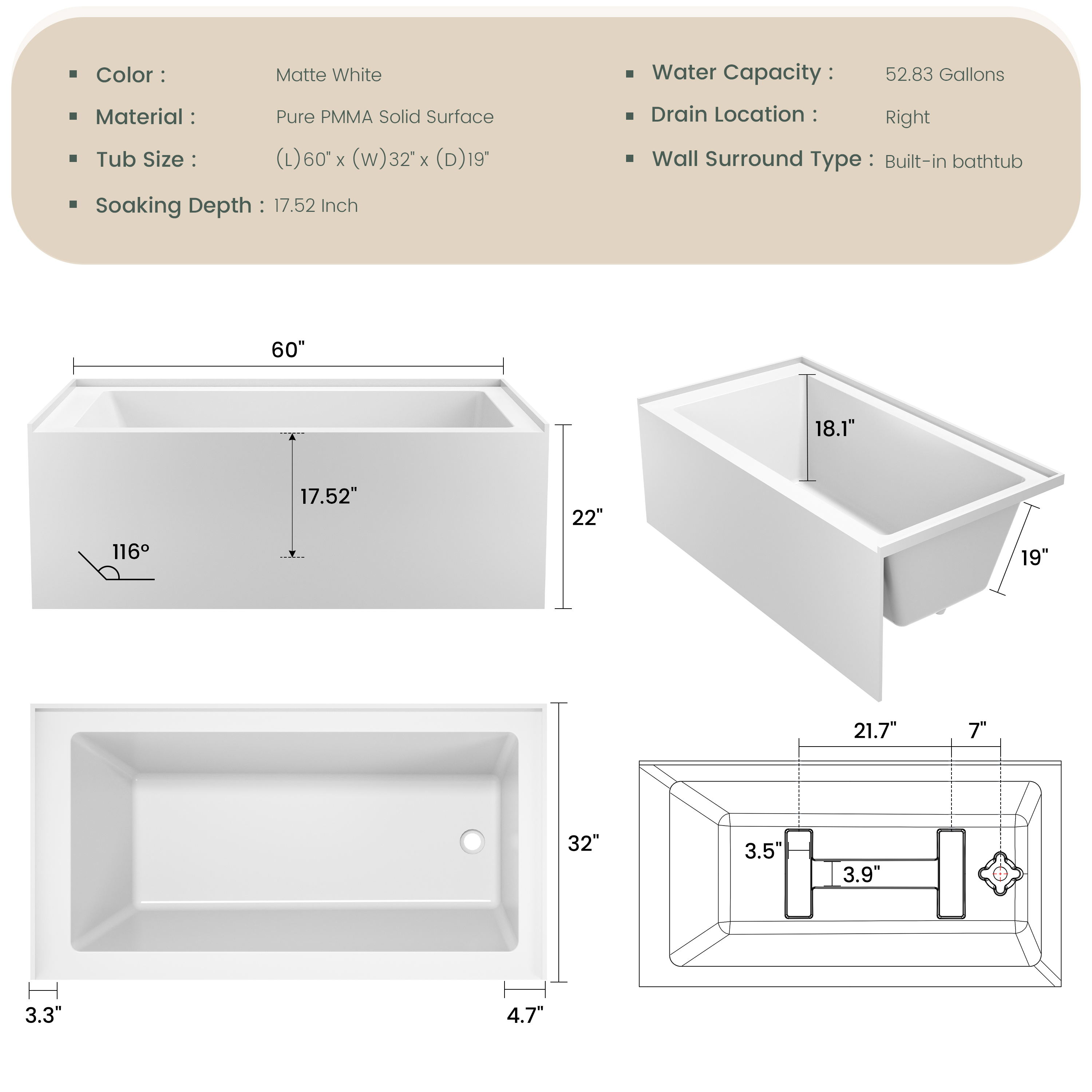 60" Luxury Drop-In Acrylic Soaking Bathtub with Square Interior