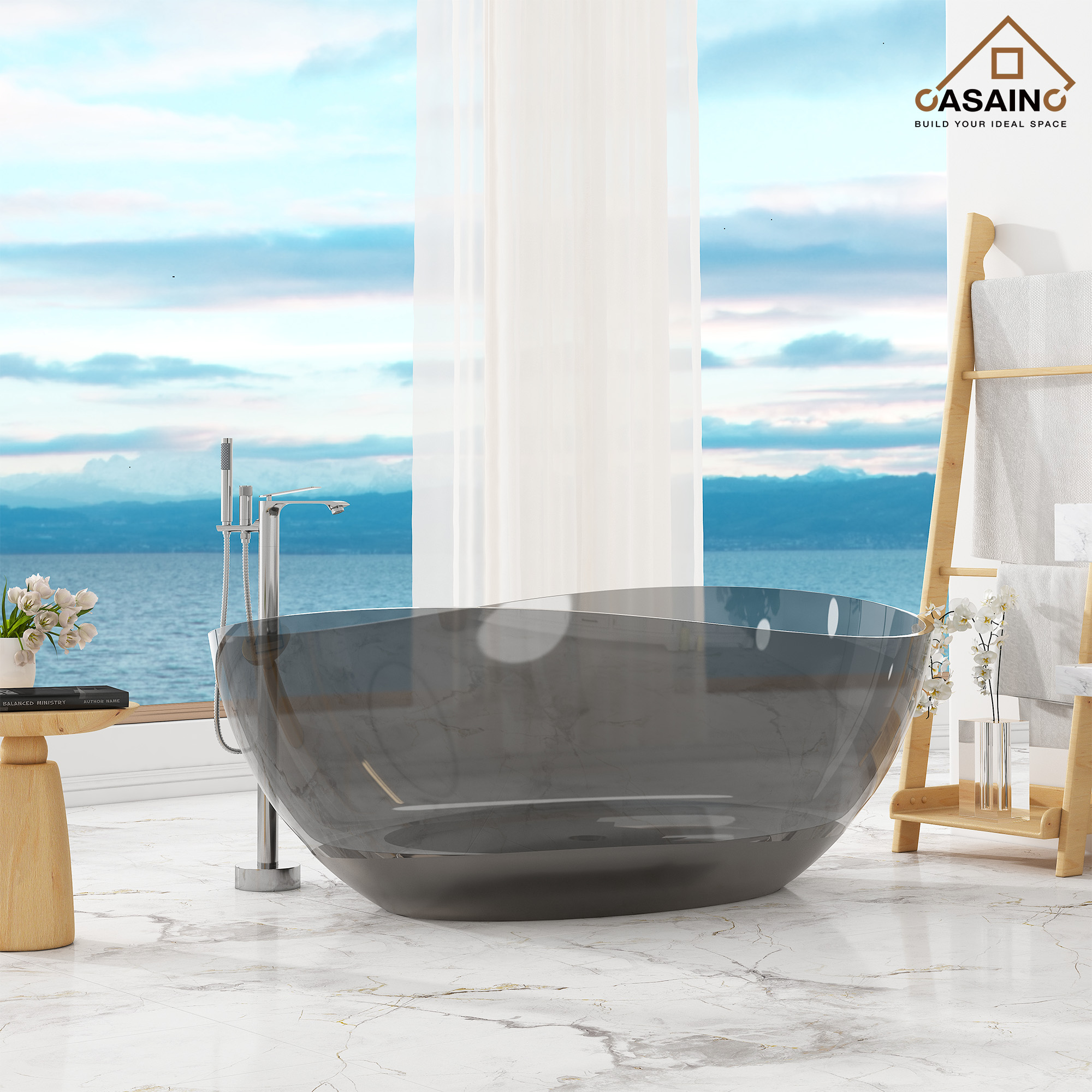 63" Unique Shaped Transparent Resin Freestanding Bathtub with Central Drain