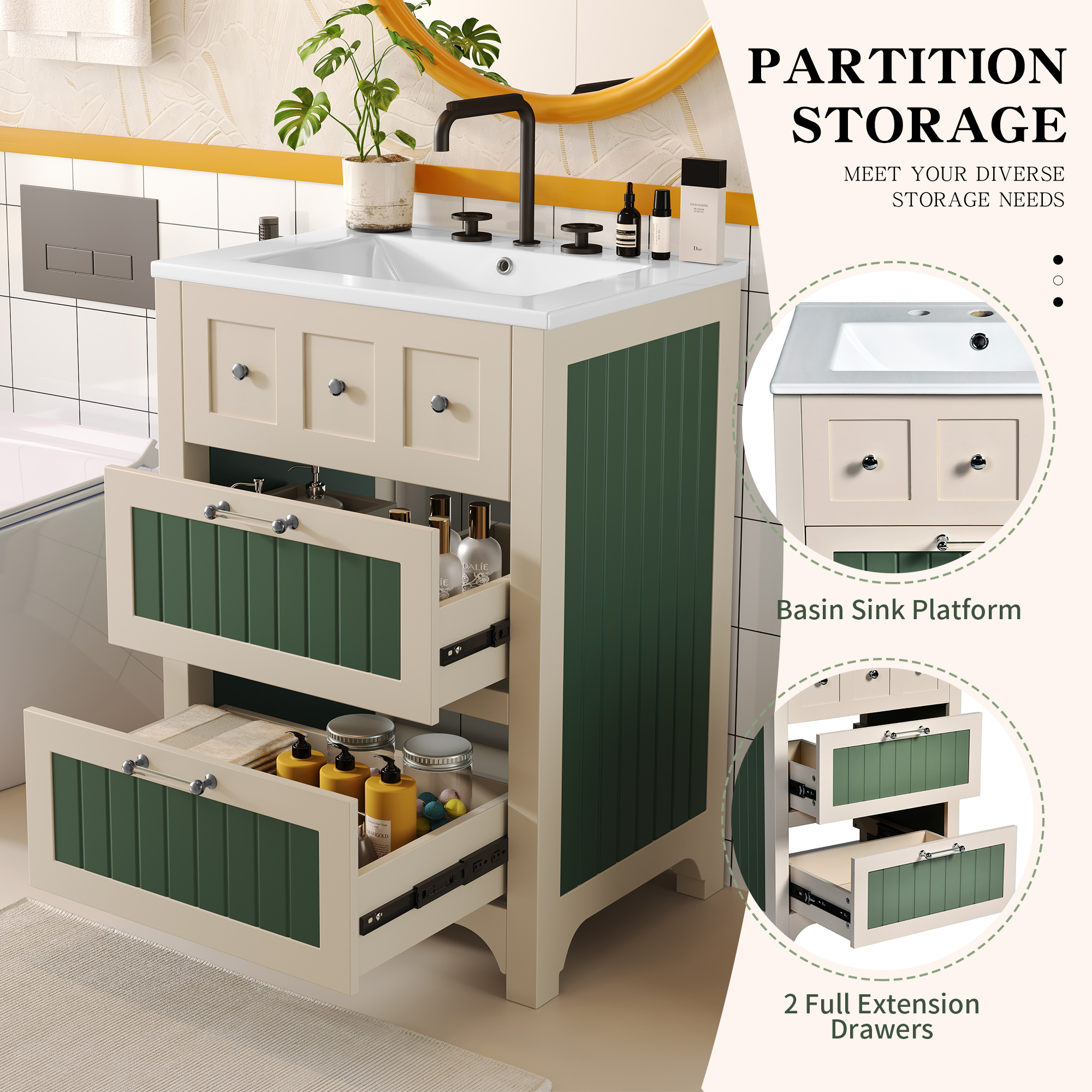 24"/30" Wooden Bathroom Vanity Cabinet with Ceramic Sink Combo Set