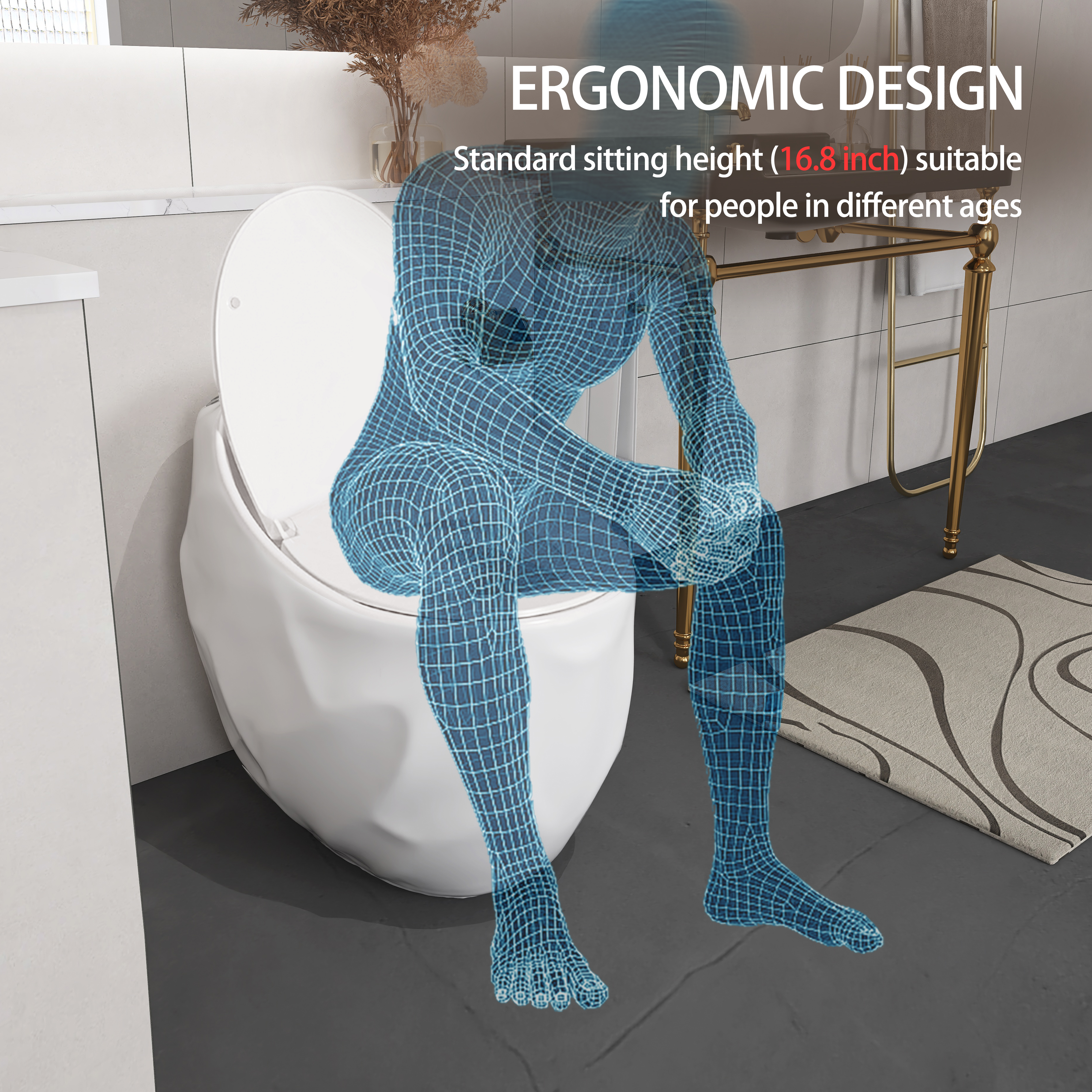 Egg Shape 1-Piece Toilet in Glossy White/Black with 1.28 GPF Single Flush