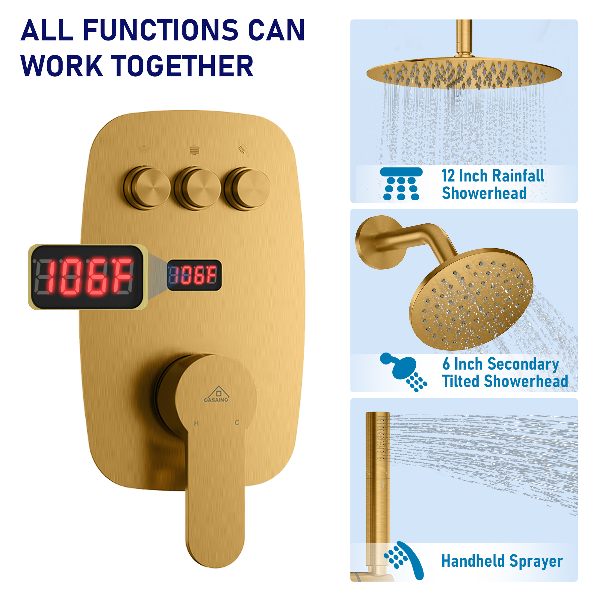 12" Ceiling-Mounted Dual Shower System with Slide Bar & Digital Display