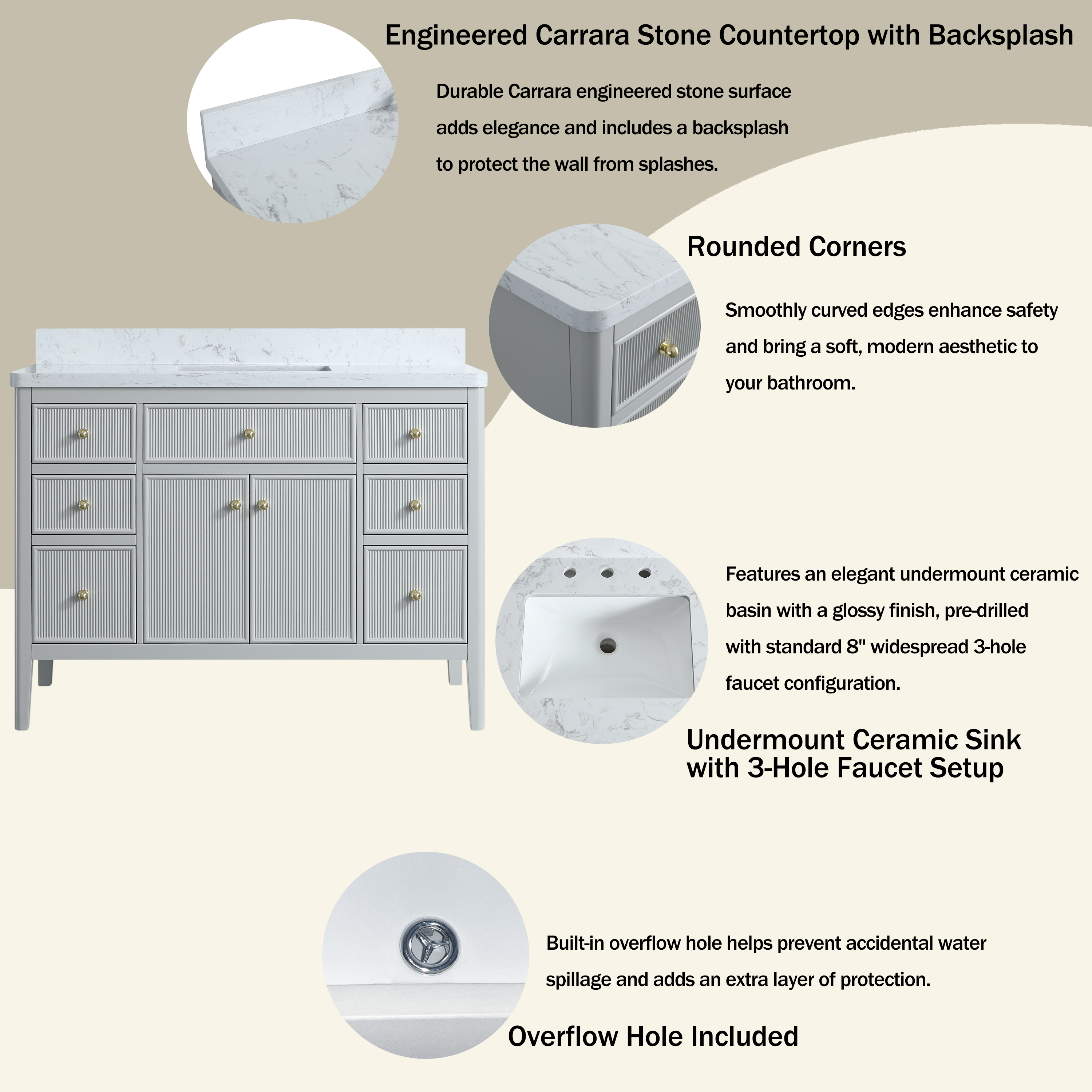 30"/36"/48" Freestanding Single Sink Bathroom Vanity with Solid Wood Construction & Marble Top