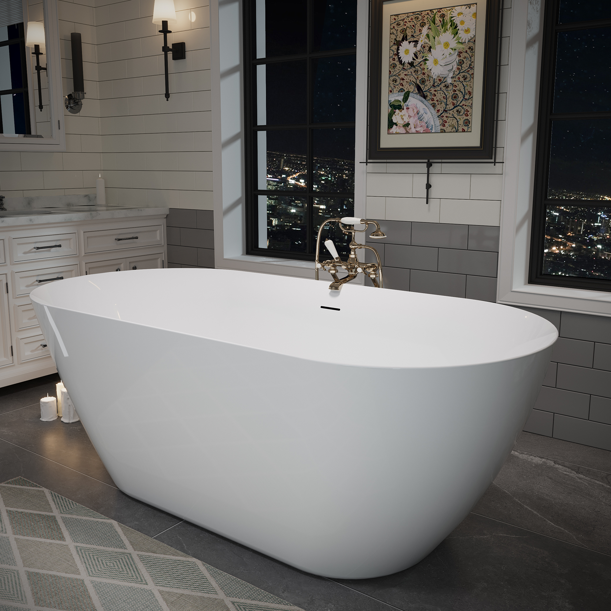 59" Glossy White Acrylic Freestanding Oval Soaking Bathtub with Center Pop-Up Drain and Integrated Overflow