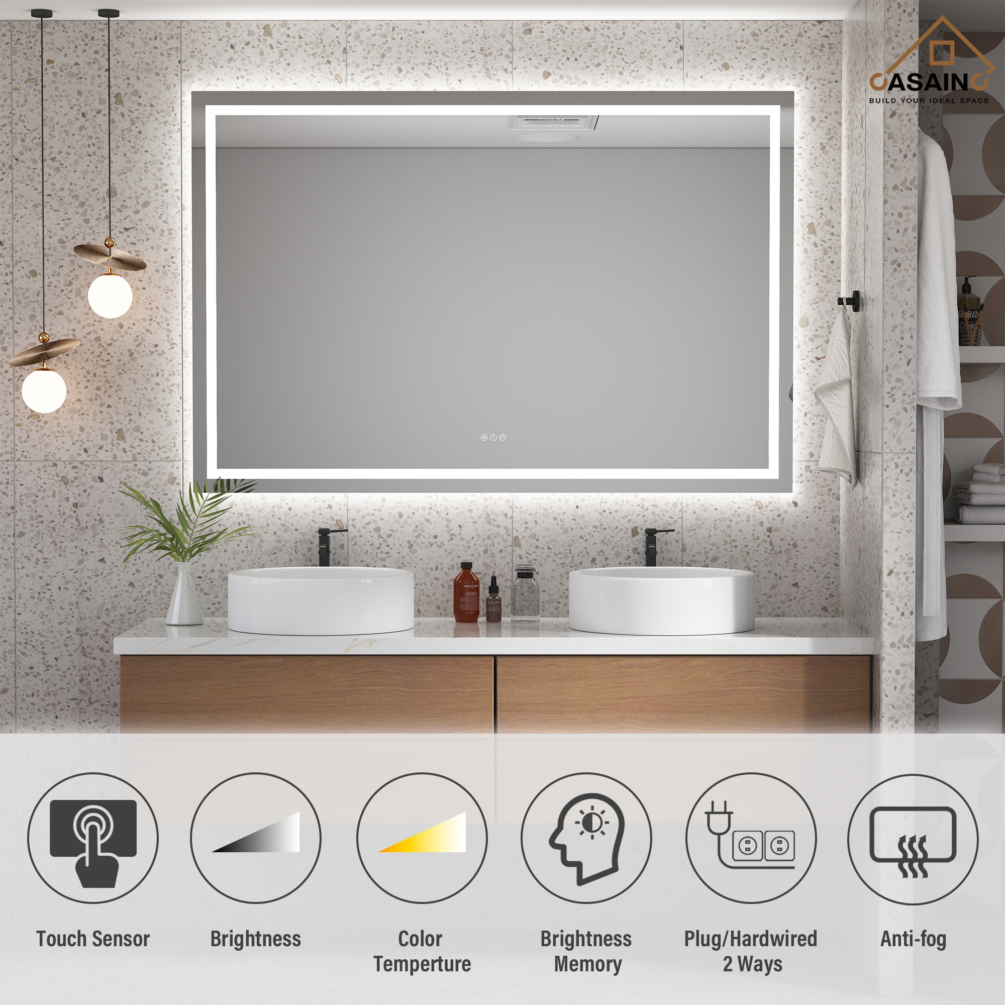 Rectangular Frameless LED Bathroom Mirror with Anti-Fog & Adjustable Color