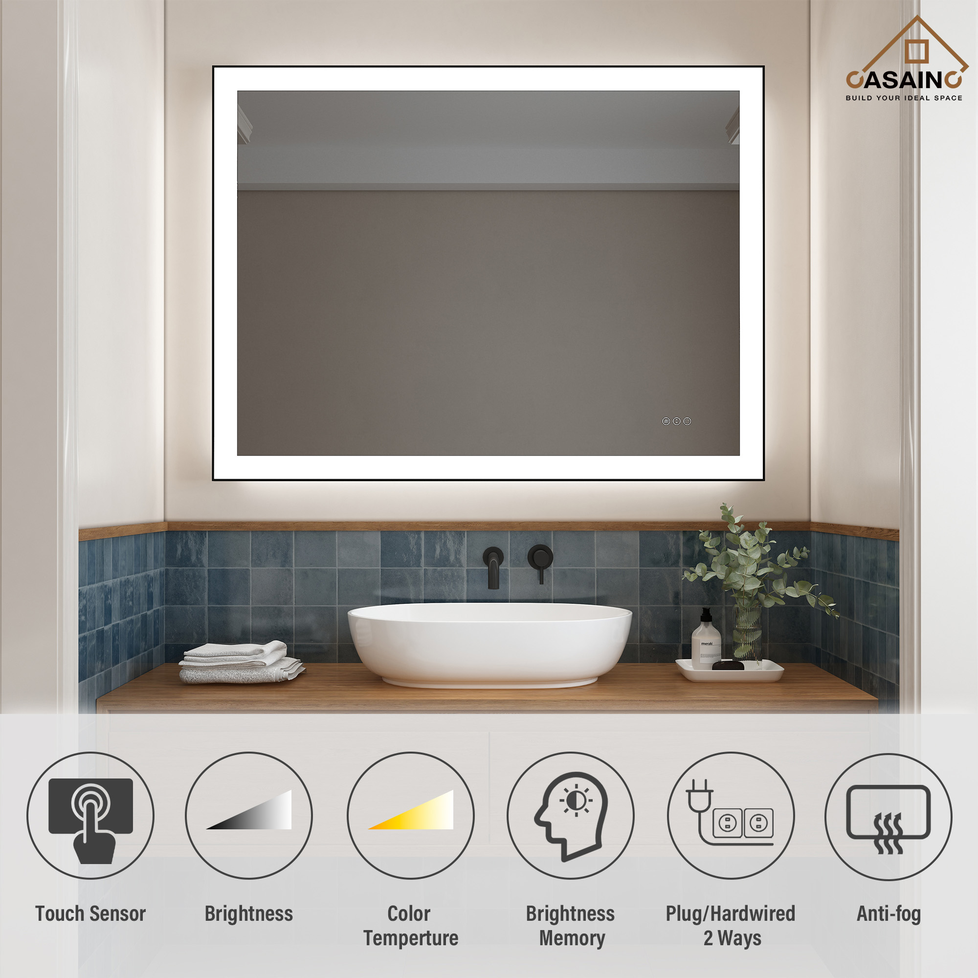 Tempered Glass LED Mirror with Aluminum Frame for Bathroom Vanity