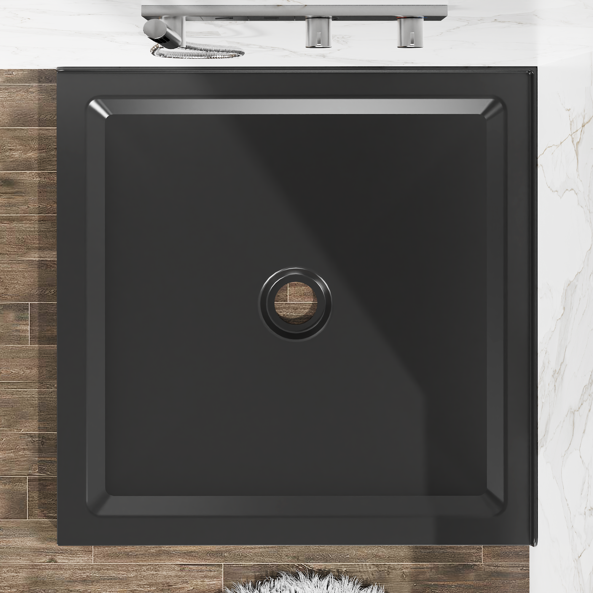 36" x 36" Black Acrylic Shower Base with Center Drain, Anti-Slip Double Threshold Design