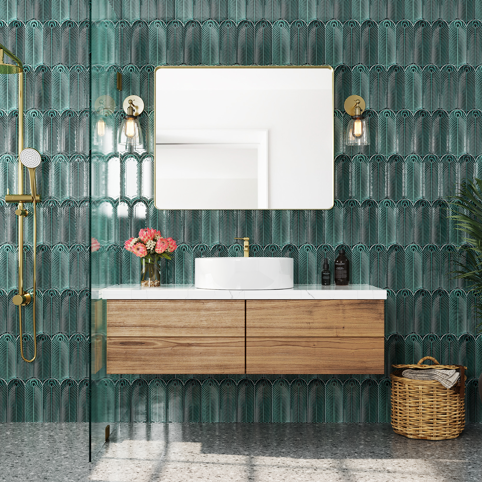 Tempered Glass Wall-Mounted Mirror with Gold Metal Frame