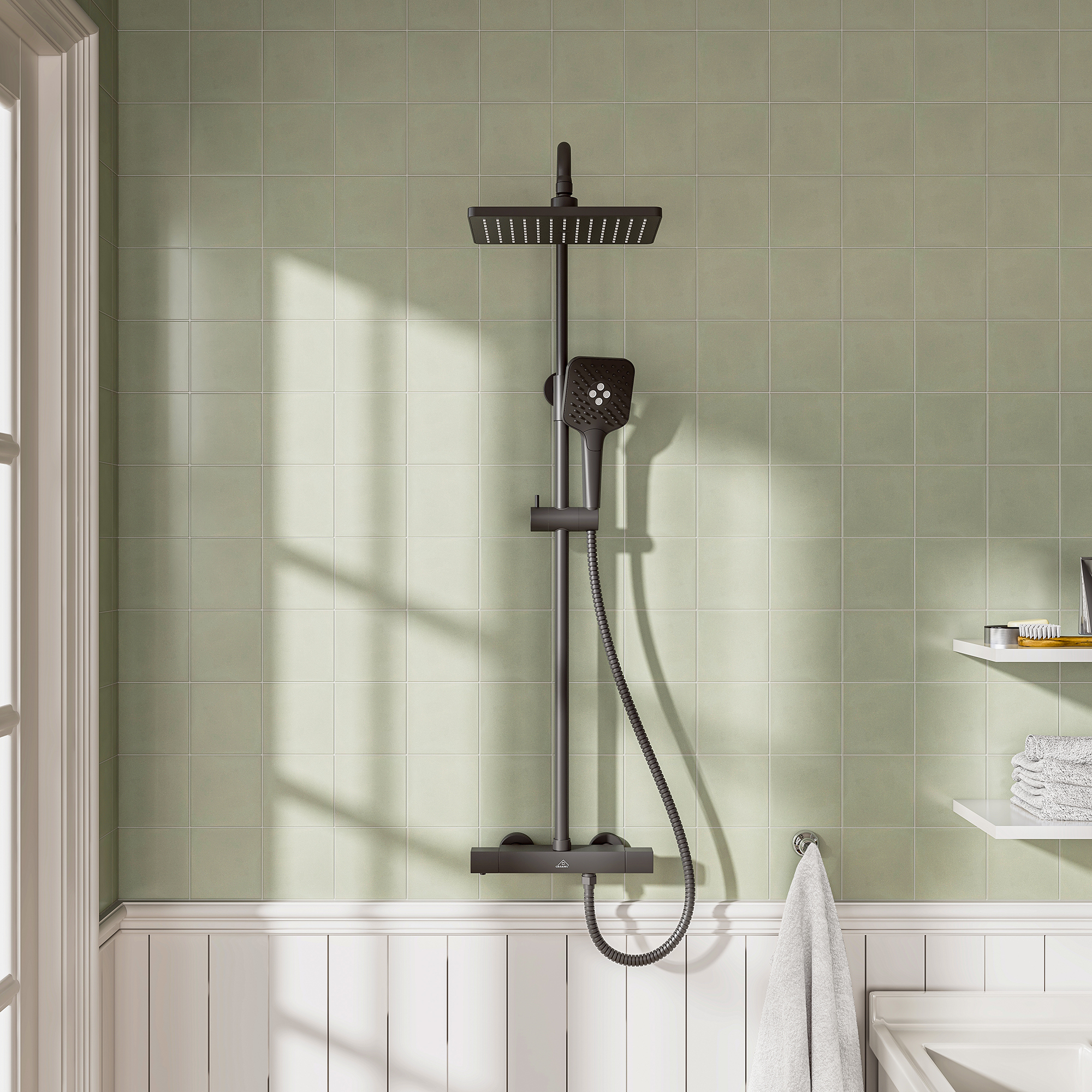 11.4*7.5" Thermostatic Rain Shower Faucet with Slide Bar in Matte Black